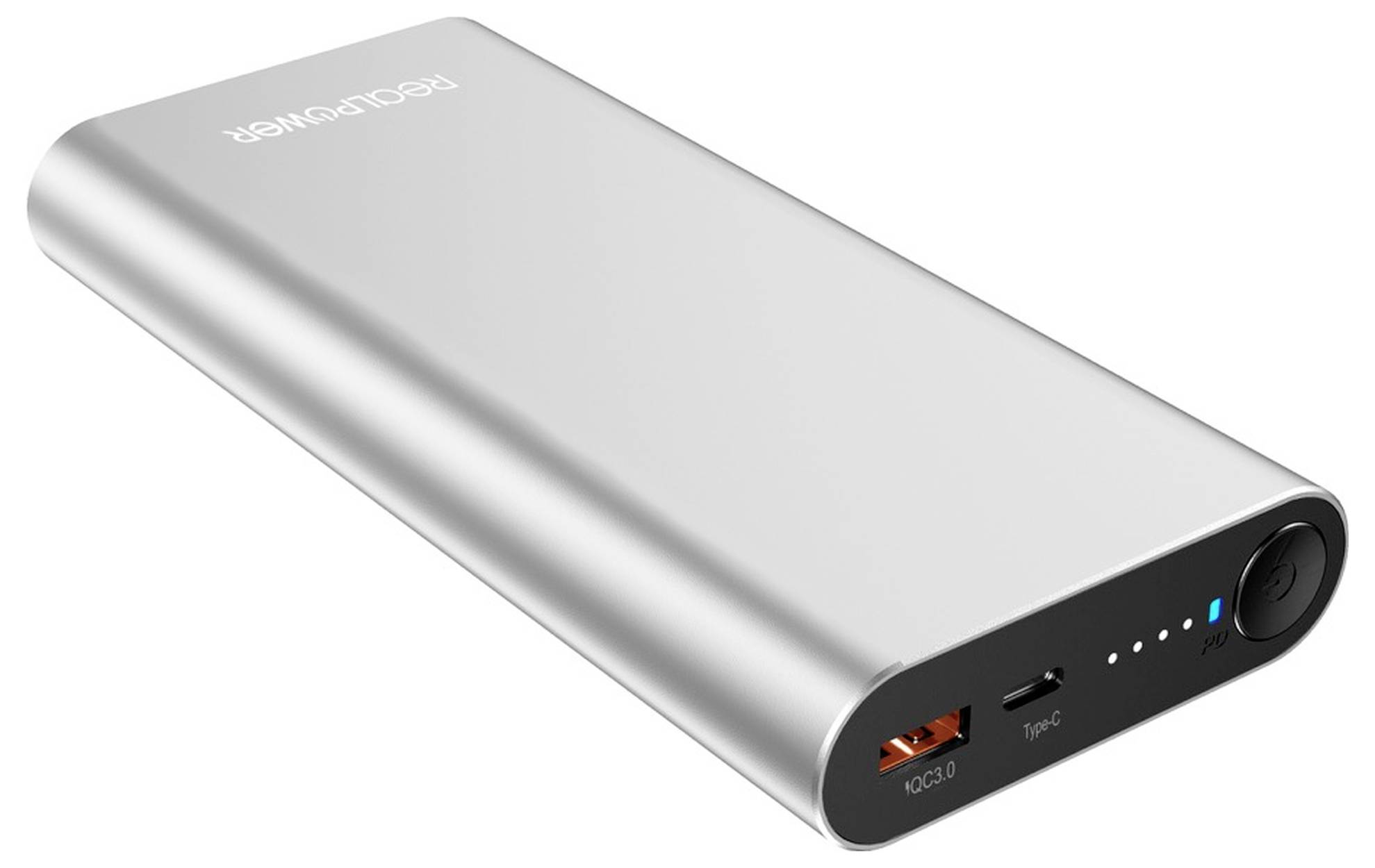 Eine silberne tragbare Powerbank mit USB-Anschluss, USB-C-Anschluss und LED-Anzeigenlichtern.