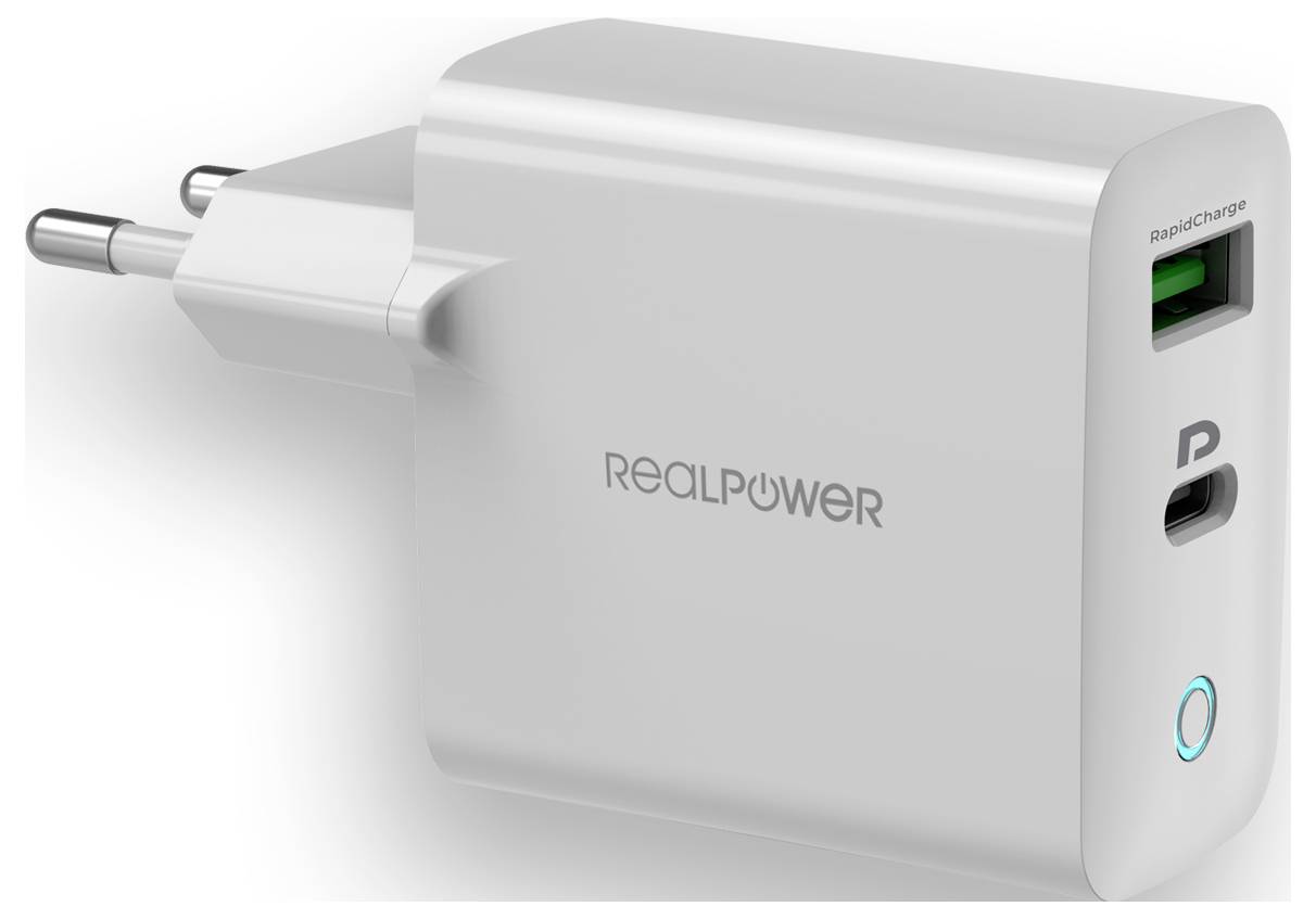 Ein weißes Wandladegerät mit zwei Anschlüssen: einem USB-A-Anschluss mit der Beschriftung ‚RAPID CHARGE' und einem USB-C-Anschluss. Das Markenlogo ‚REALPOWER' befindet sich an der Seite.