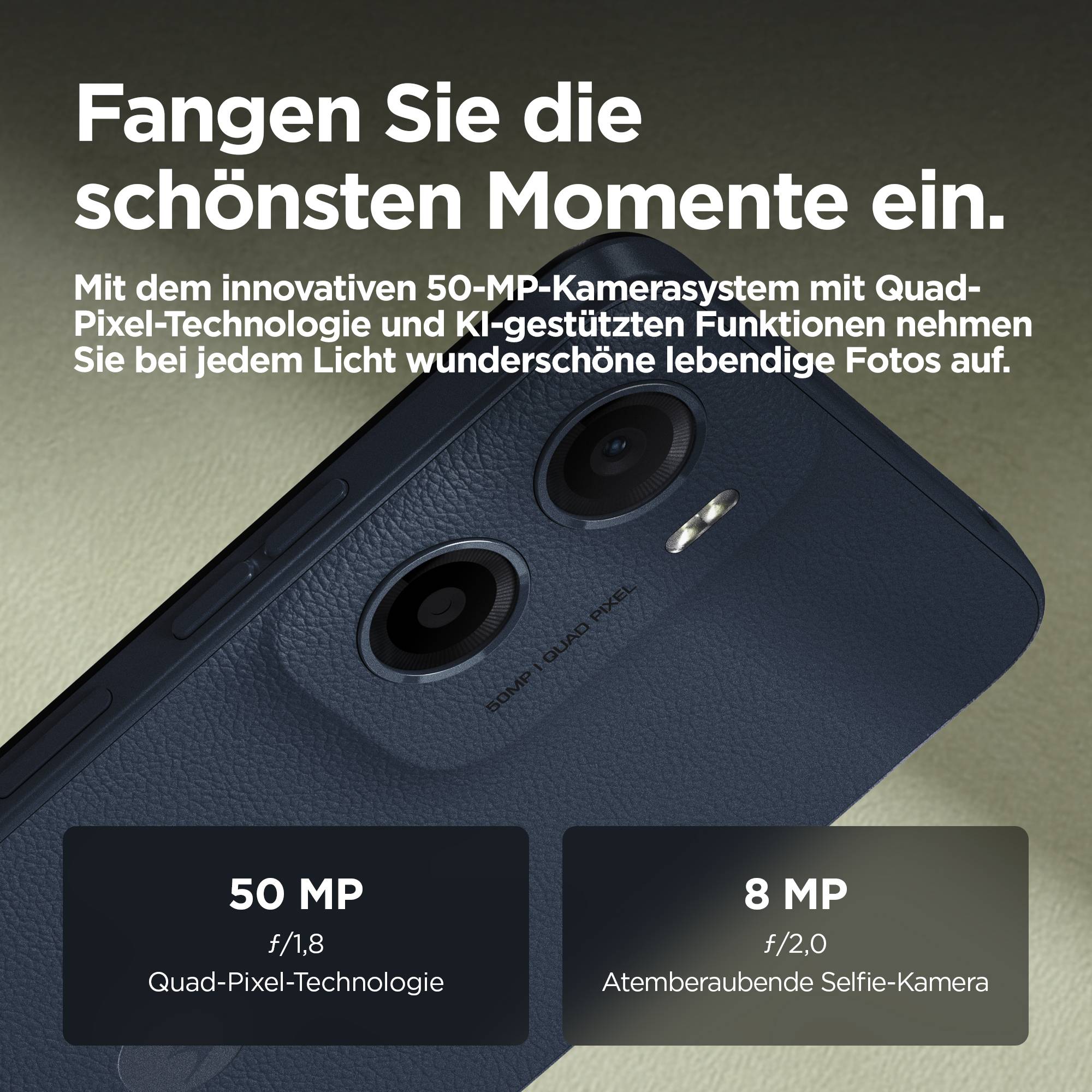 Das Bild zeigt ein Smartphone mit einer hervorgehobenen Kamera. Text im Bild: 'Fangen Sie die schönsten Momente ein.' Details zu Kamera-Spezifikationen sind aufgeführt.