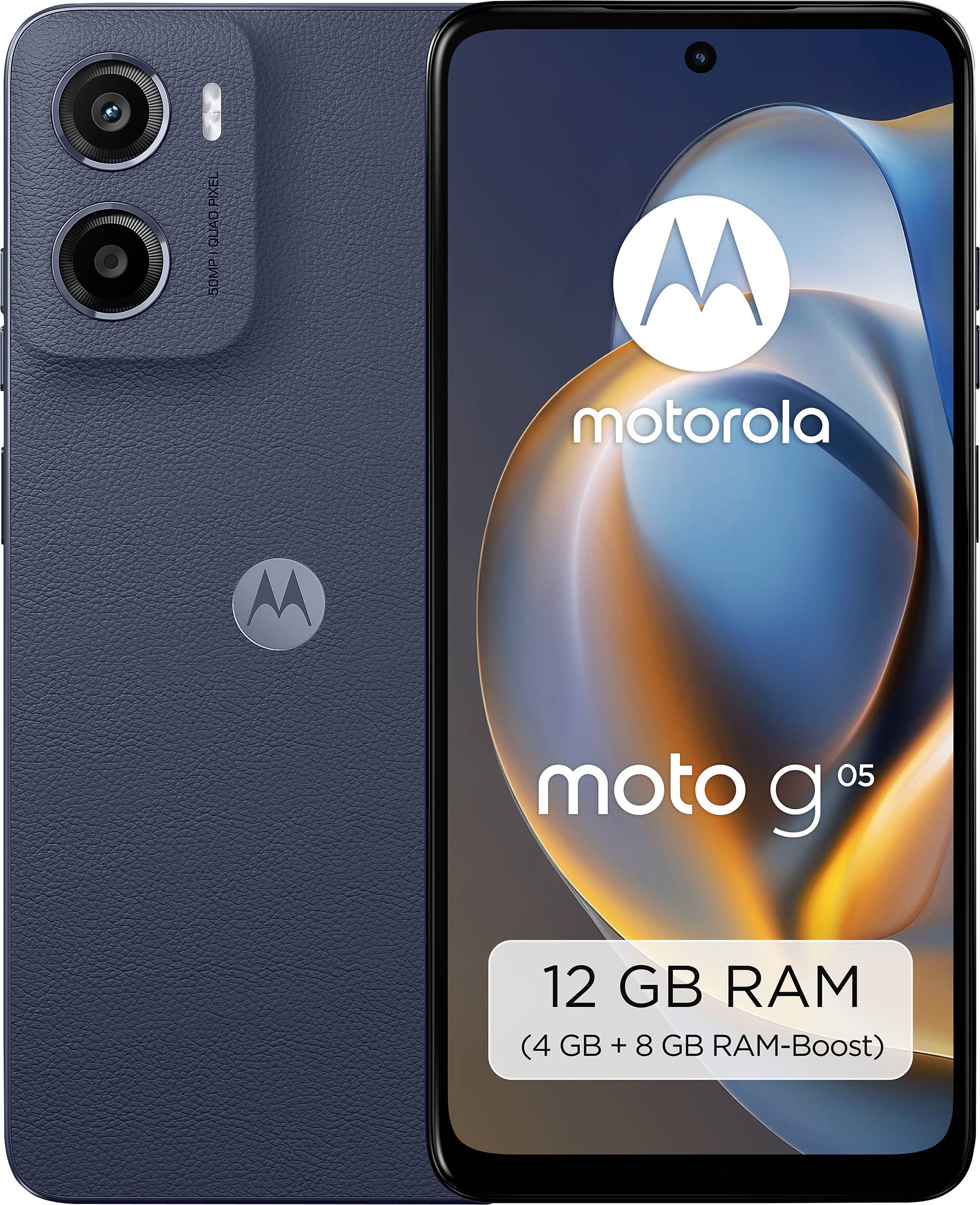 Smartphone zeigt Motorola-Logo, 'moto g 05', und '12 GB RAM (4 GB + 8 GB RAM-Boost)'. Zwei Rückkameras sind auf der Rückseite sichtbar.