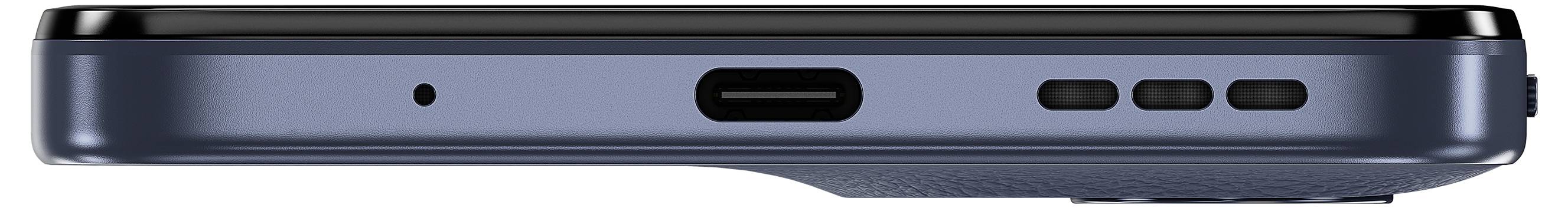 Seitenansicht eines blauen Smartphones mit Ladeanschluss, drei Schaltflächen-Designs und einem kleinen Mikrofon-Loch.