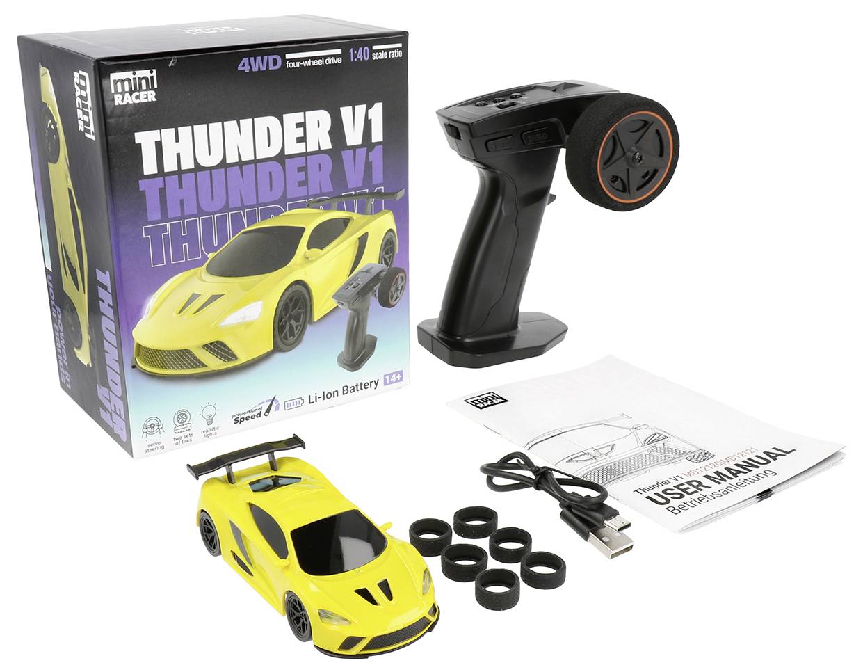 'Thunder V1' Fernbedienungsauto-Set enthält ein gelbes Auto, einen schwarzen Controller, eine Bedienungsanleitung, ein USB-Ladegerät und Ersatzreifen, geeignet für Personen ab 14 Jahren.