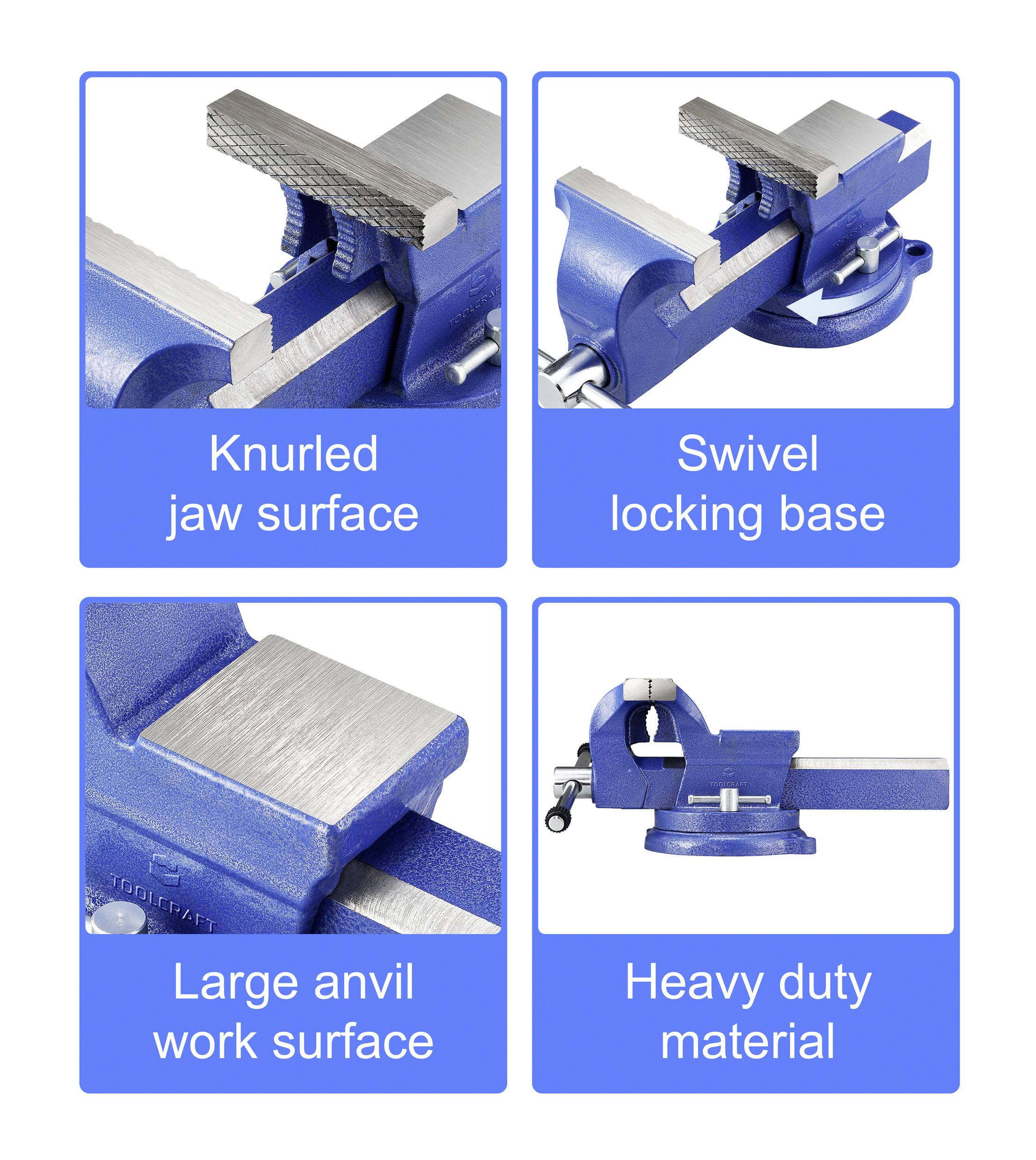 Eine blaue Metallschraubzwinge mit einer gerillten Backenfläche, schwenkbarer Arretierungsbasis, großer Ambossfläche und robustem Material.