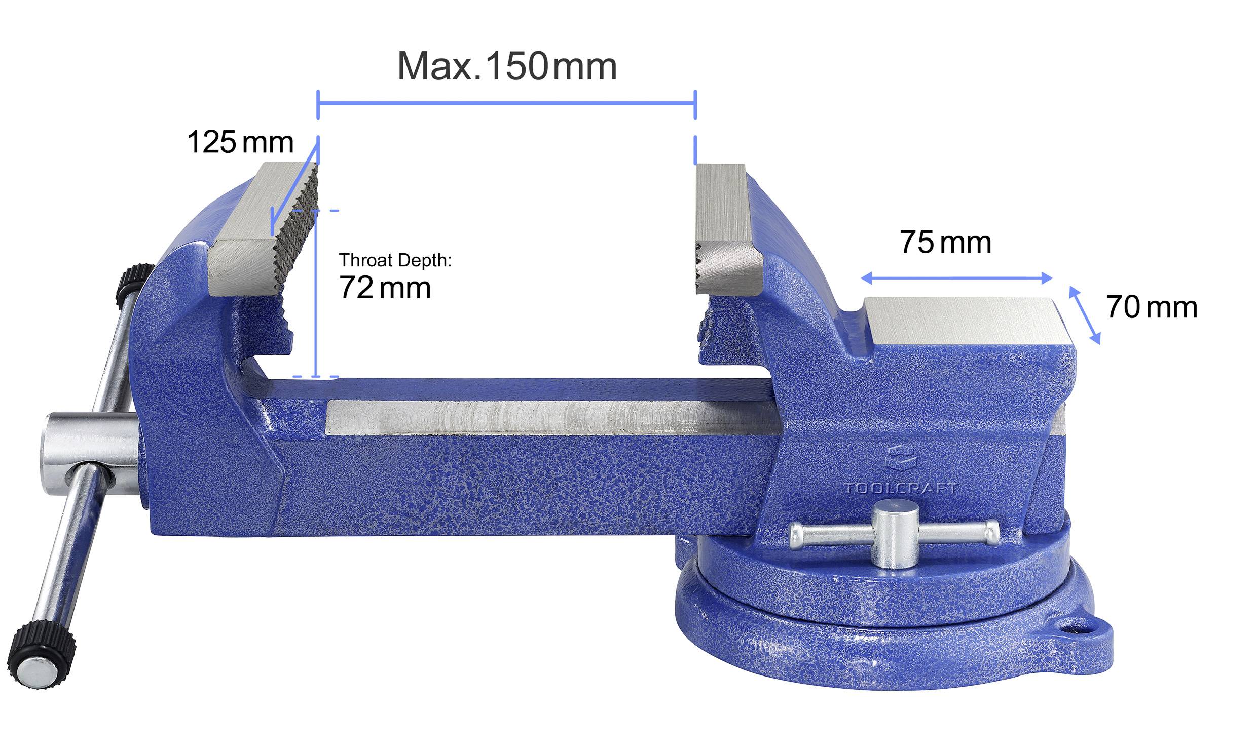 Eine blaue Schraubstock mit einer maximalen Backenöffnung von 150 mm, einer Backentiefe von 72 mm und einer Backenbreite von 125 mm, die einen seitlichen Verstellgriff zeigt.