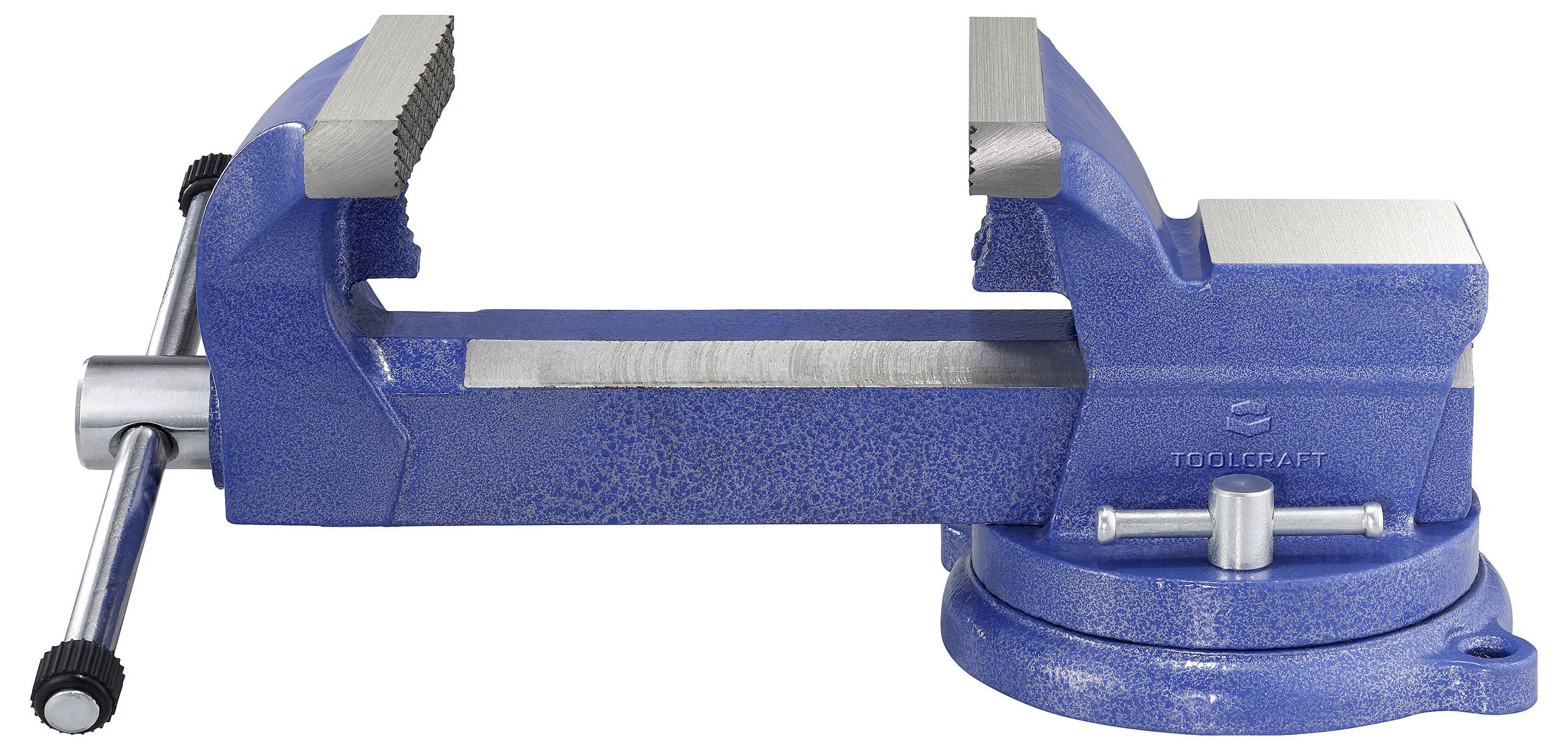 Eine blaue Metallschraubzwinge mit drehbarer Basis und verstellbaren Backen, die dazu dient, Objekte sicher zu befestigen.