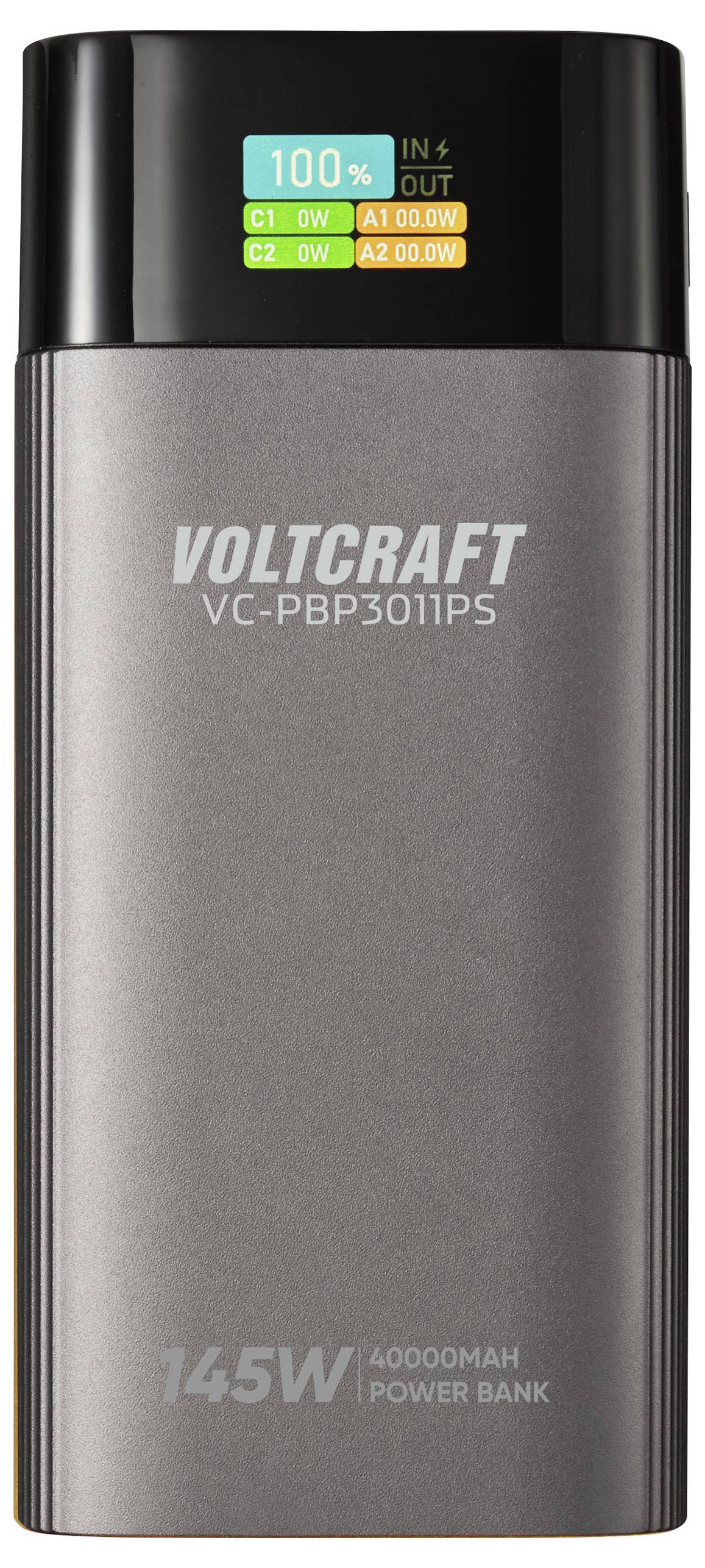 Ein metallischer Voltcraft Powerbank mit dem Modell 'VC-PBP3011PS'. Das Display zeigt '100%' Ladung mit Eingangs- und Ausgangswerten. Text: '145W 40000mAh POWERBANK'.