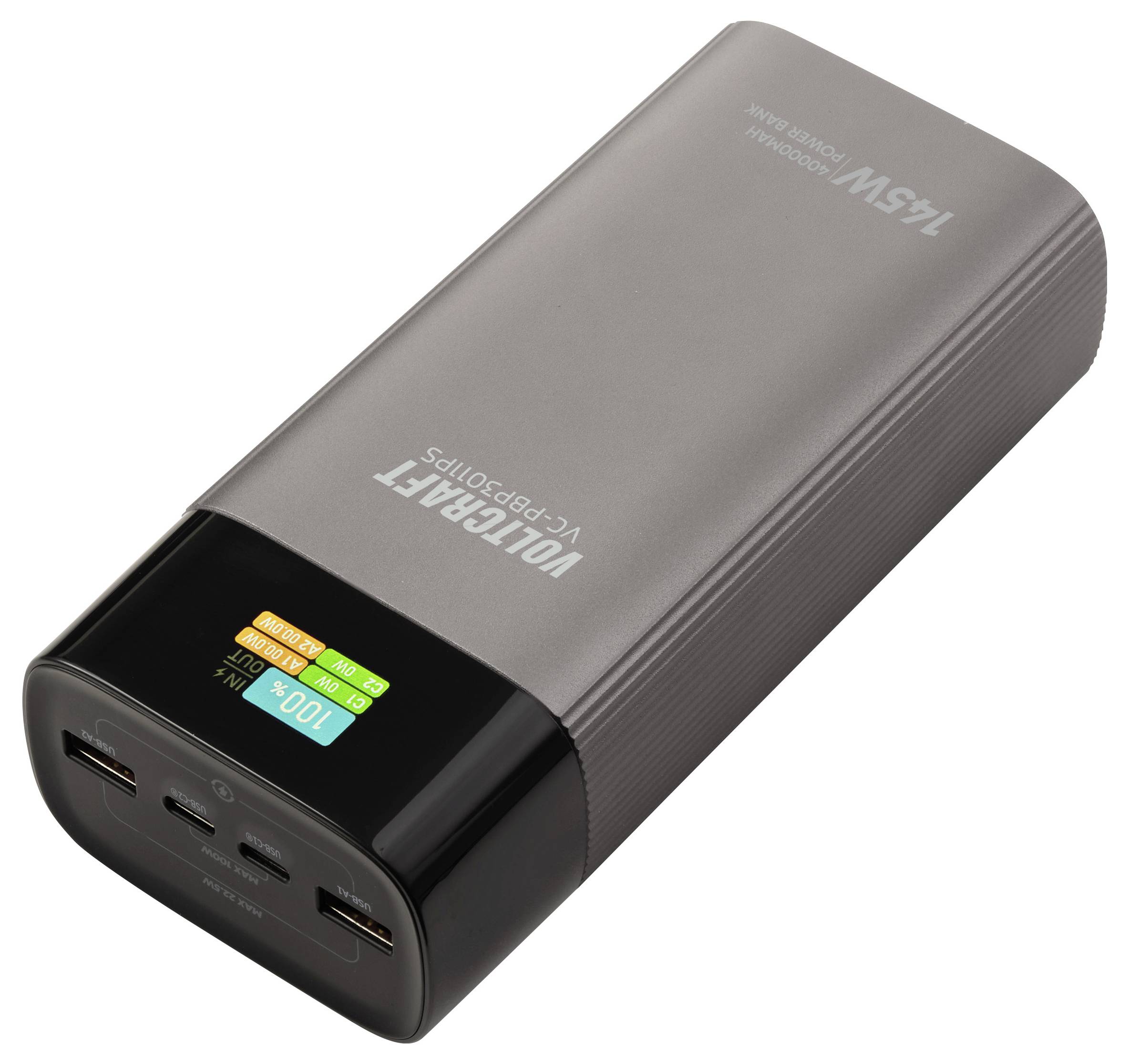 Eine tragbare Powerbank mit mehreren Ladeanschlüssen, einschließlich USB-C und USB-A, und einem LED-Display, das den Ladezustand von '100%' anzeigt.