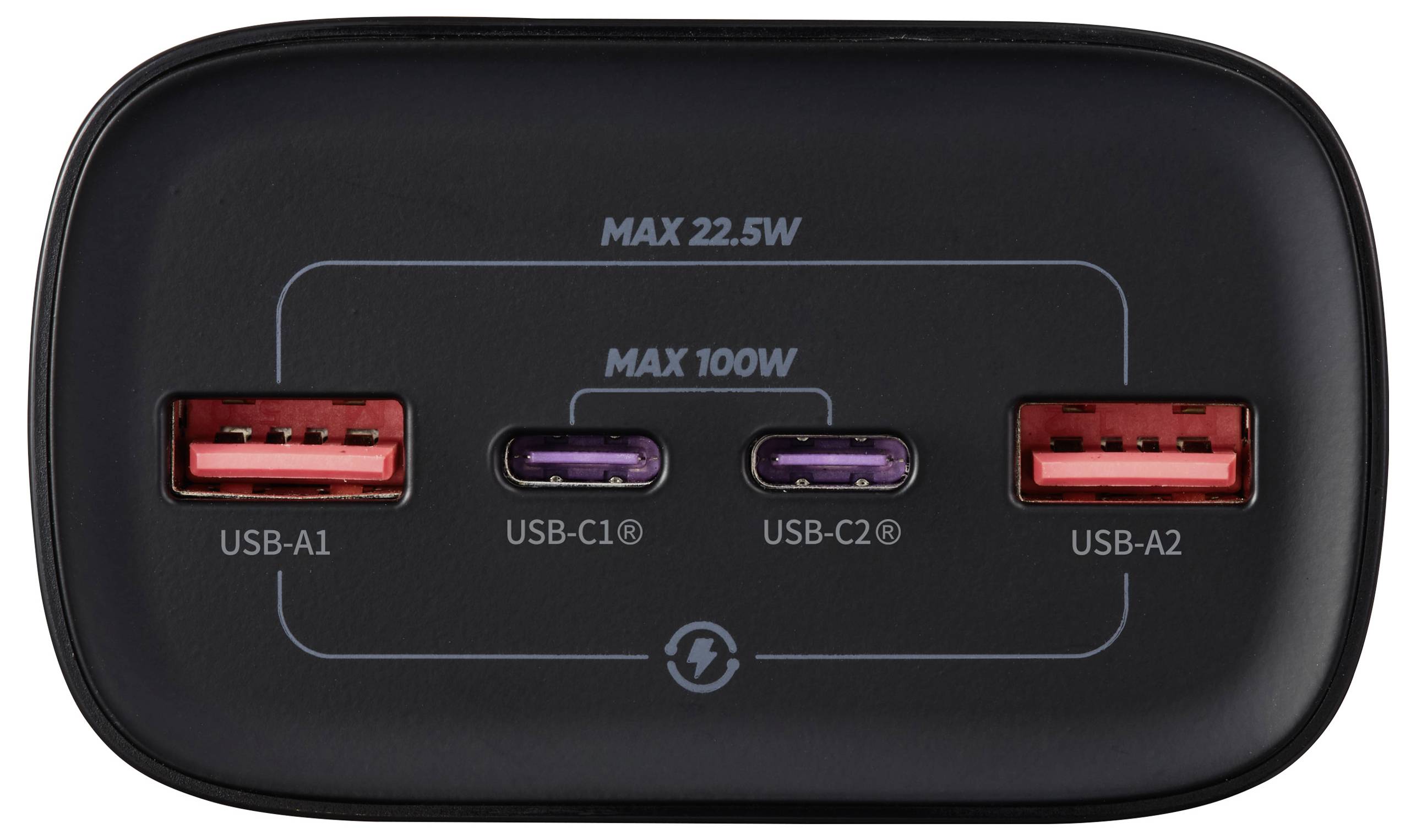 Ein schwarzer Ladehub mit zwei roten USB-A-Anschlüssen, beschriftet mit „USB-A1