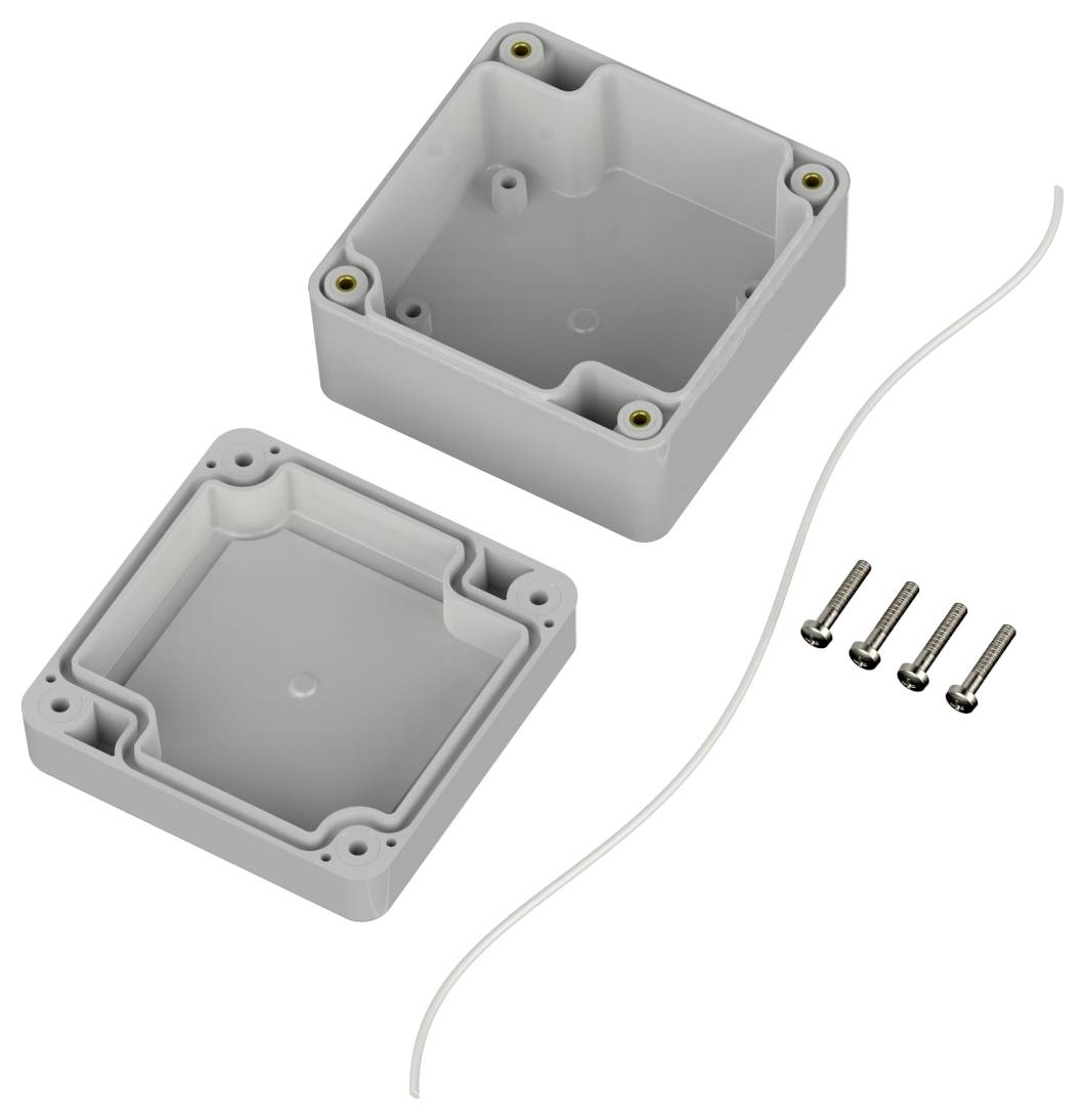 Graue rechteckige Plastikbox mit zwei Teilen, vier Schrauben und einem Kabel; verwendet zum Einschließen von elektrischen oder elektronischen Komponenten.