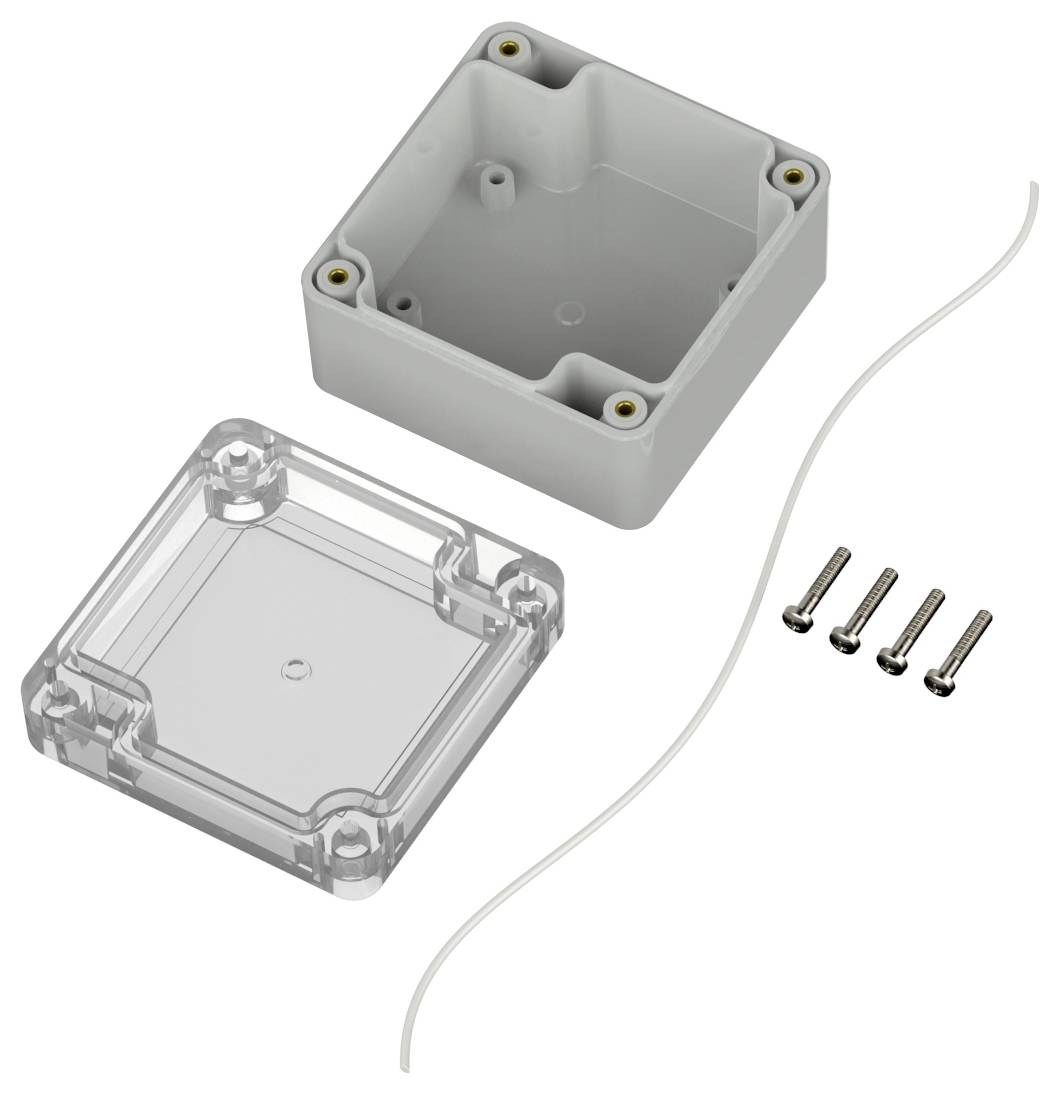 Eine graue Plastikbox, ein transparenter Deckel, vier Schrauben und ein dünnes weißes Kabel, separat ausgelegt.