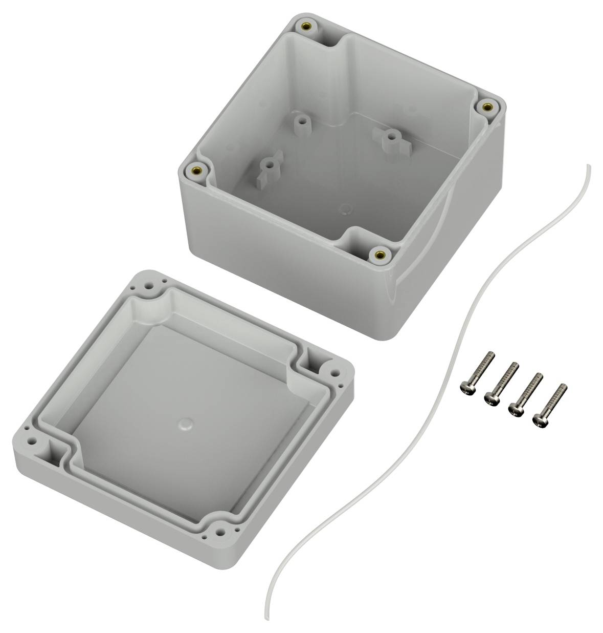 Eine graue Elektro-Verteilerdose mit Deckel, vier Schrauben und einer Dichtungsmanschette, die zum Schutz elektrischer Anschlüsse dient.