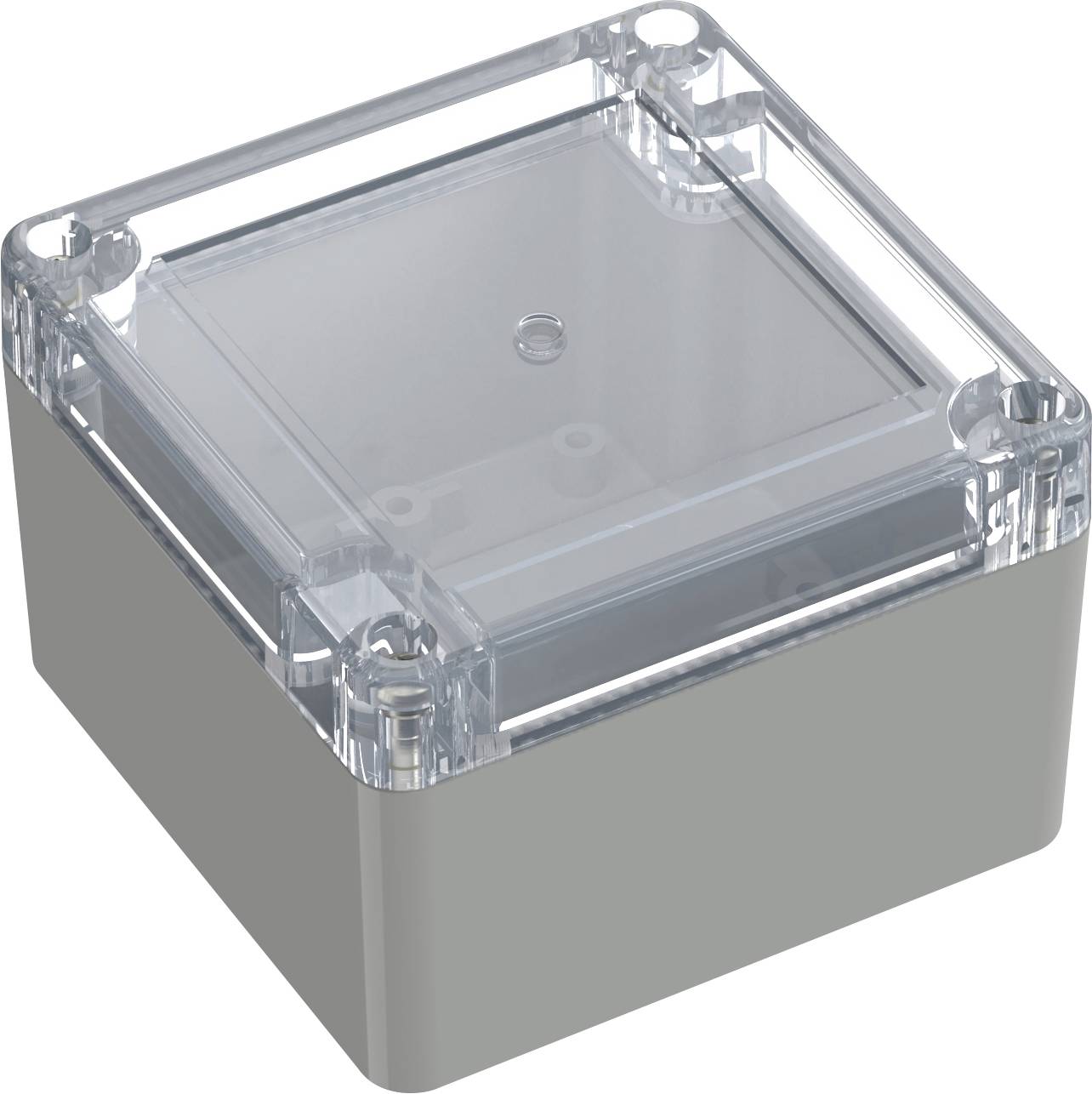 Eine kleine, transparente, rechteckige Plastikvitriene mit grauer Basis, von oben in einem Winkel betrachtet.