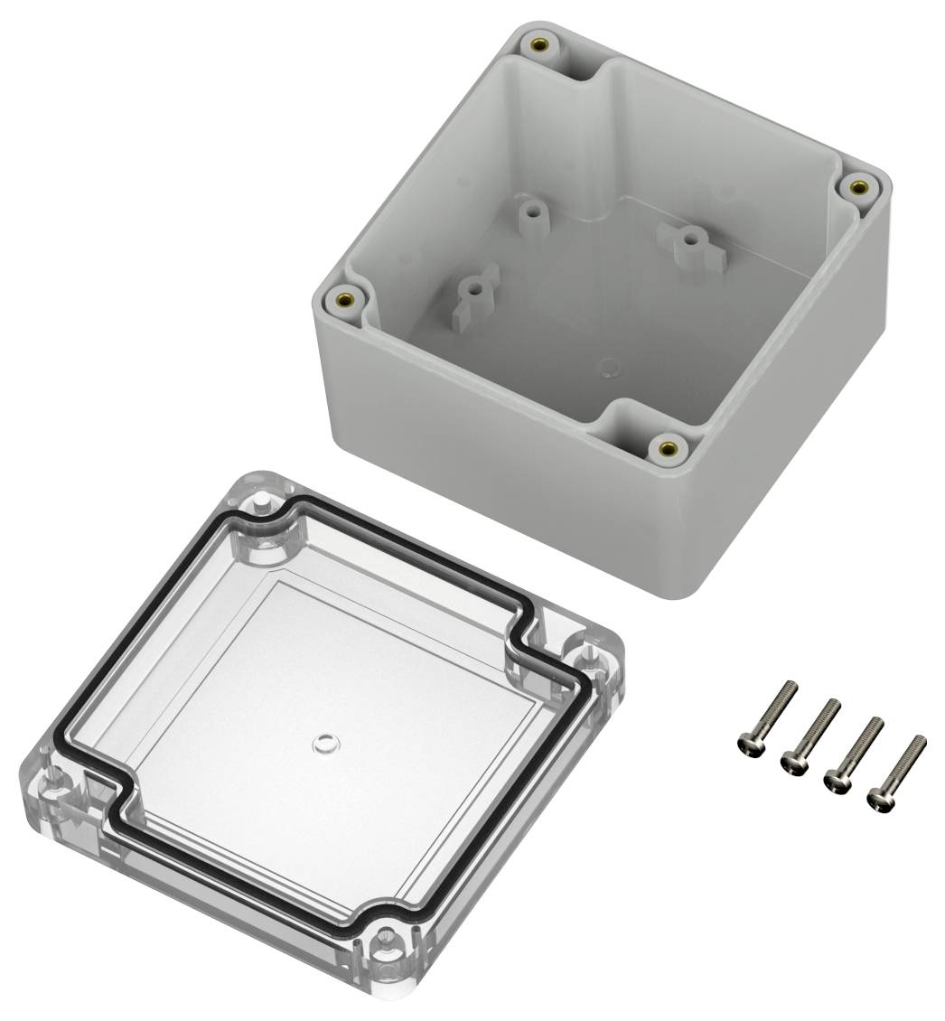 Elektronisches Gehäuse aus Kunststoff mit abnehmbarem transparentem Deckel und vier Schrauben, das zum Schutz von elektronischen Bauteilen verwendet wird.