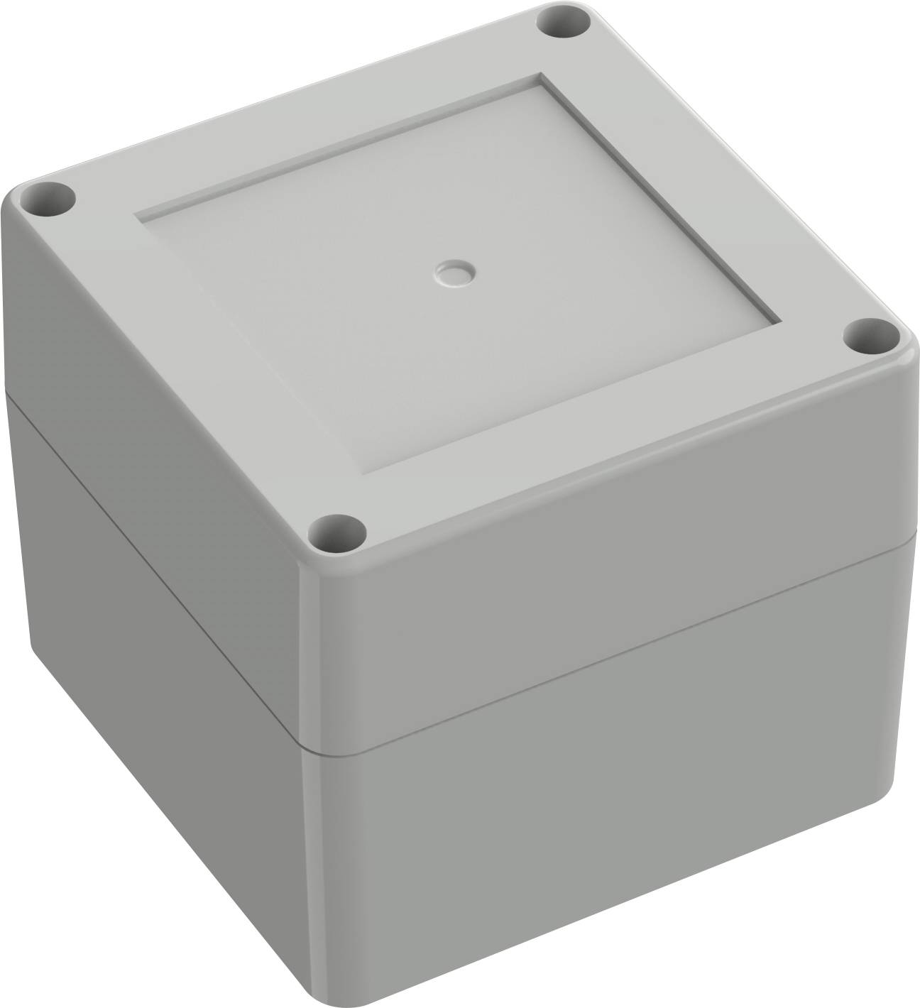 Eine graue, rechteckige elektronische Gehäusebox mit abnehmbarem Deckel, versehen mit abgerundeten Ecken und sichtbaren Schraubenlöchern auf der Oberseite.