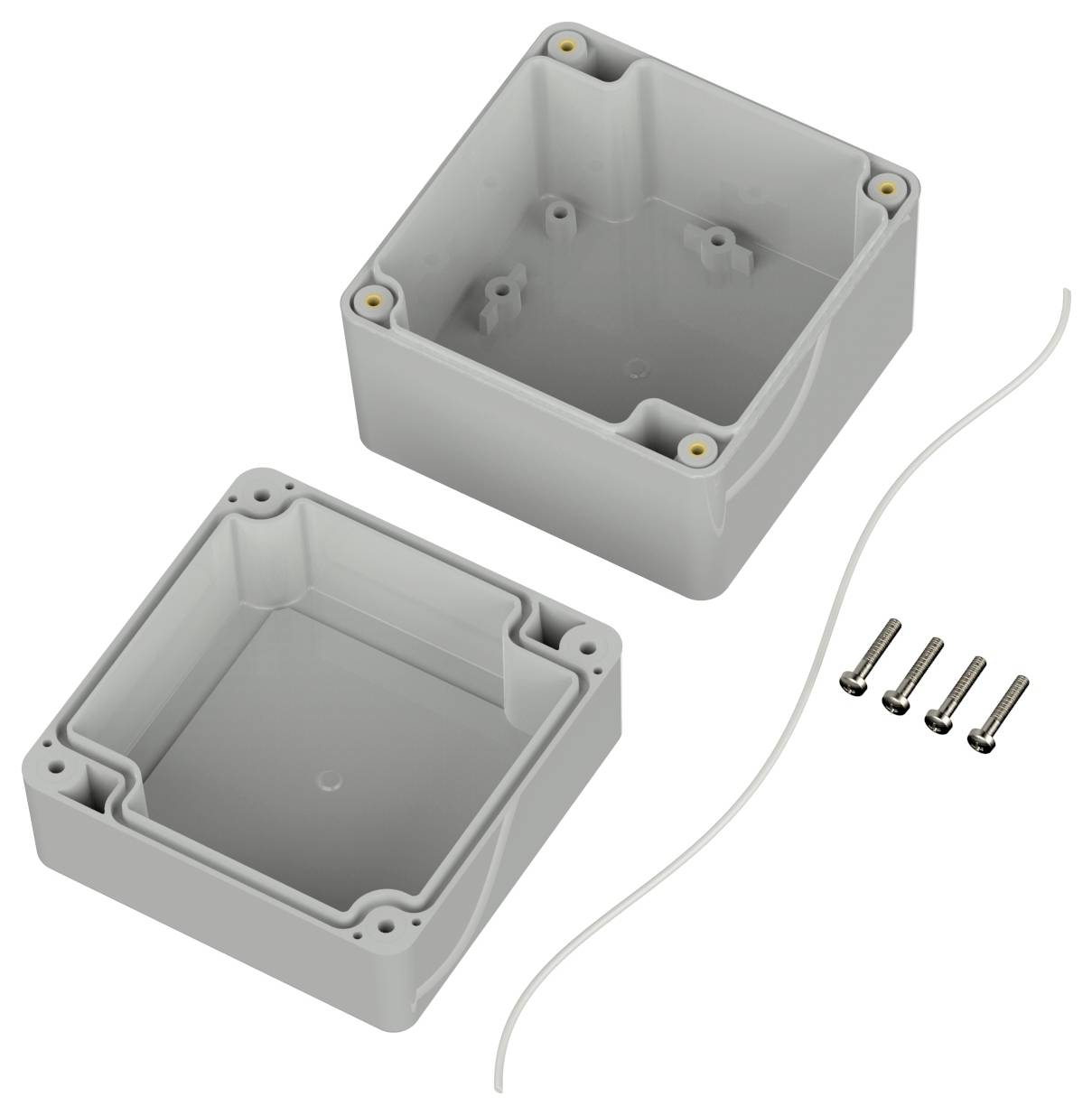 Graue Kunststoff-Verteilerdose mit Deckel, inneren Befestigungen, vier Schrauben und einer Dichtungsleitung, verwendet für elektrische Verbindungen.