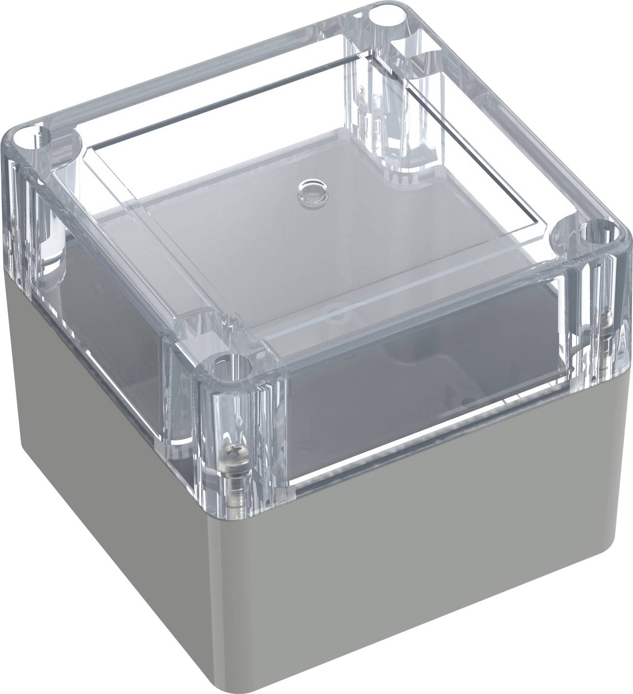 Eine quadratische, transparente Plastikgehäuse mit einer grauen Basis, die vier Eckschraublöcher zur Befestigung aufweist.