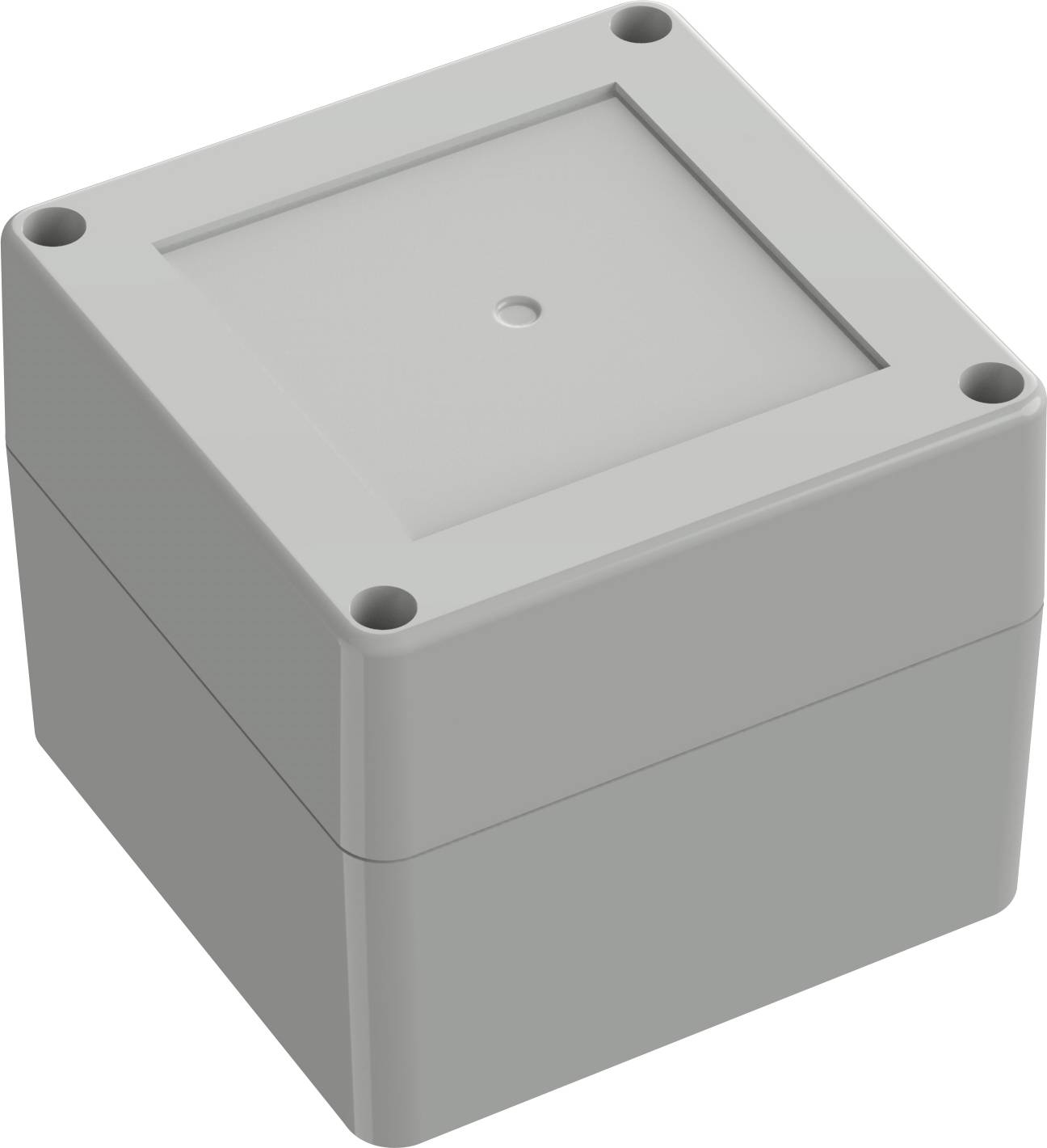 Eine kleine, graue, quadratische elektronische Gehäusebox mit leicht eingesenktem Deckel und abgerundeten Ecken.