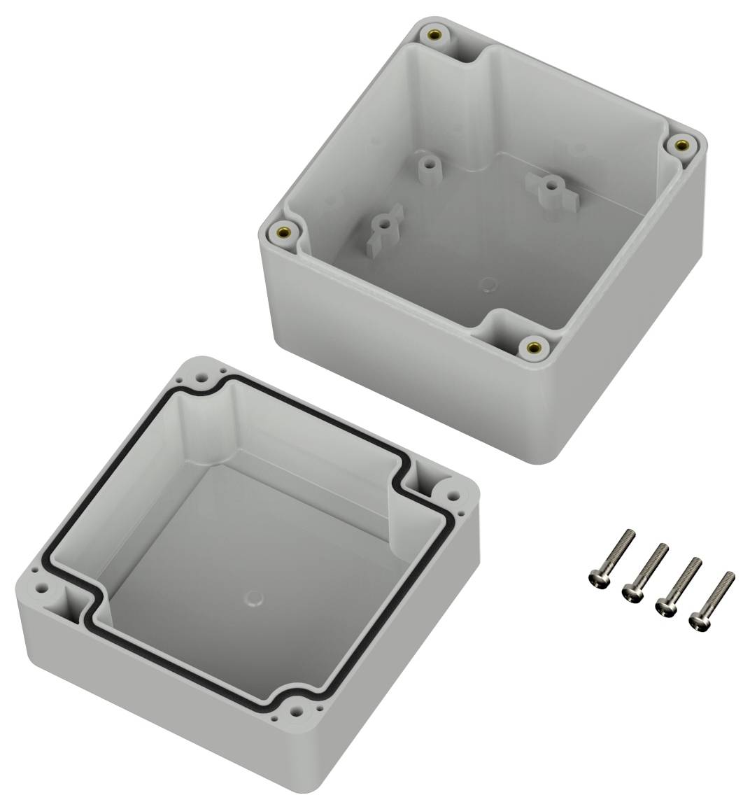 Zweiteiliges rechteckiges Gehäuse aus grauem Kunststoff mit separatem Deckel, Dichtungsauskleidung und vier Schrauben zur Montage. Geeignet für elektronische Projekte.