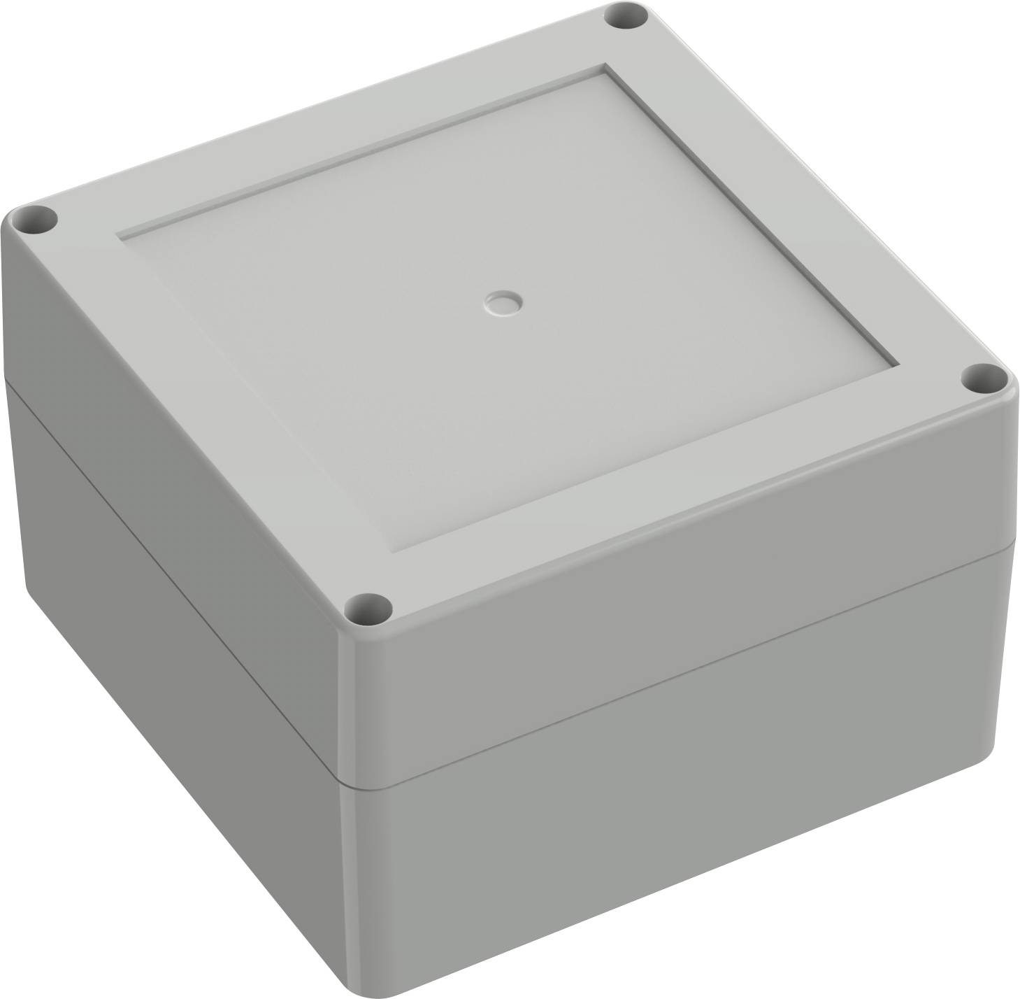 Eine quadratische, graue elektrische Verteilerdose mit einem flachen Deckel und vier Befestigungslöchern, die zur Unterbringung von Kabeln oder elektrischen Komponenten dient.