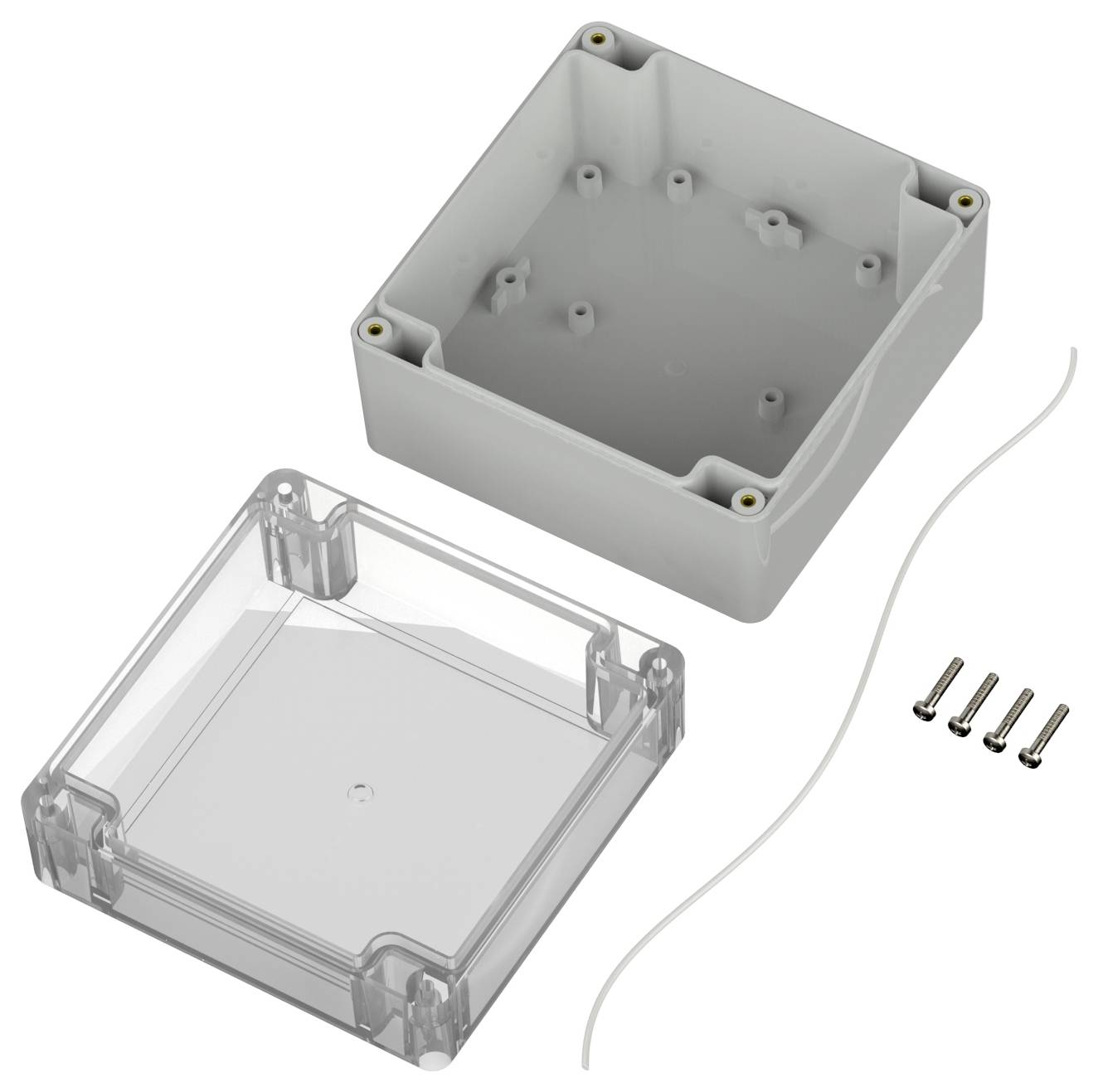 Eine kleine, offene Kunststoffgehäuse mit einem transparenten Deckel, vier seitlichen Schrauben und einem weißen Dichtungsstreifen, die zur Montage von elektronischen Bauteilen verwendet wird.