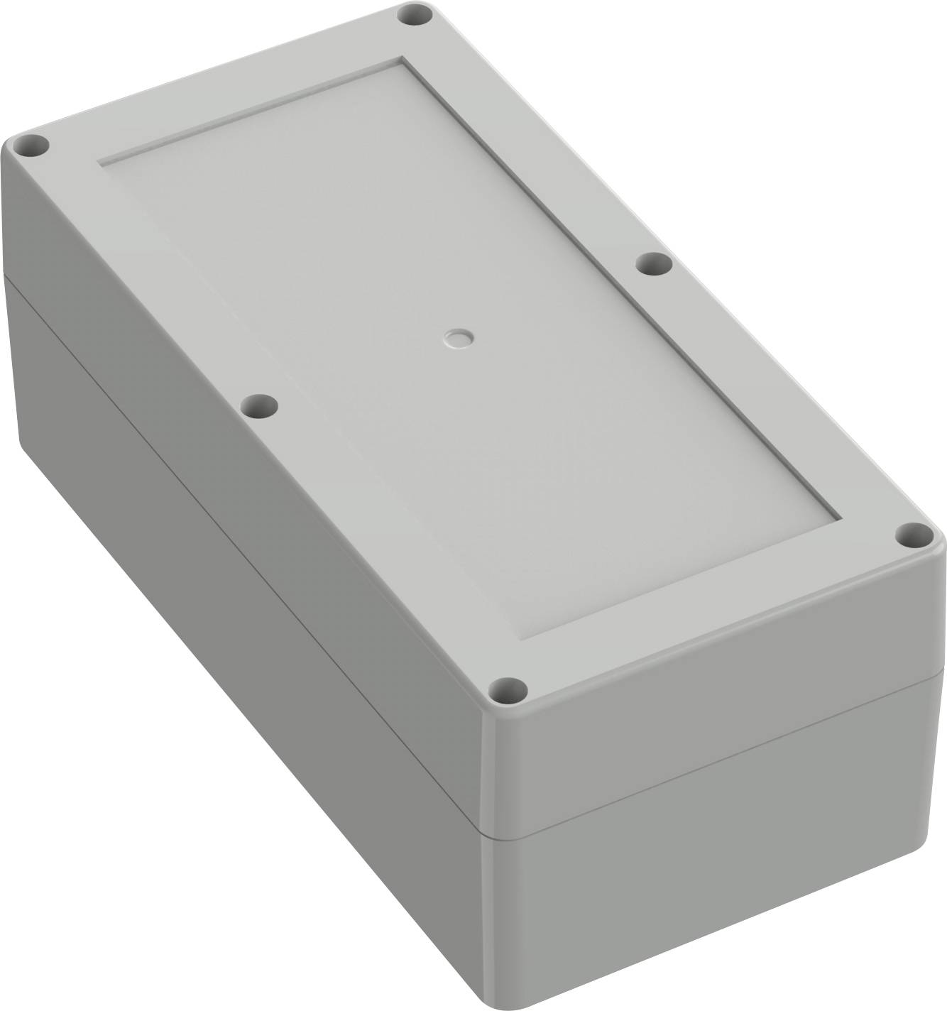 Eine rechteckige graue elektronische Gehäusebox mit sechs sichtbaren Schraubenöffnungen auf der Oberfläche, verwendet zur Unterbringung von elektrischen Komponenten.