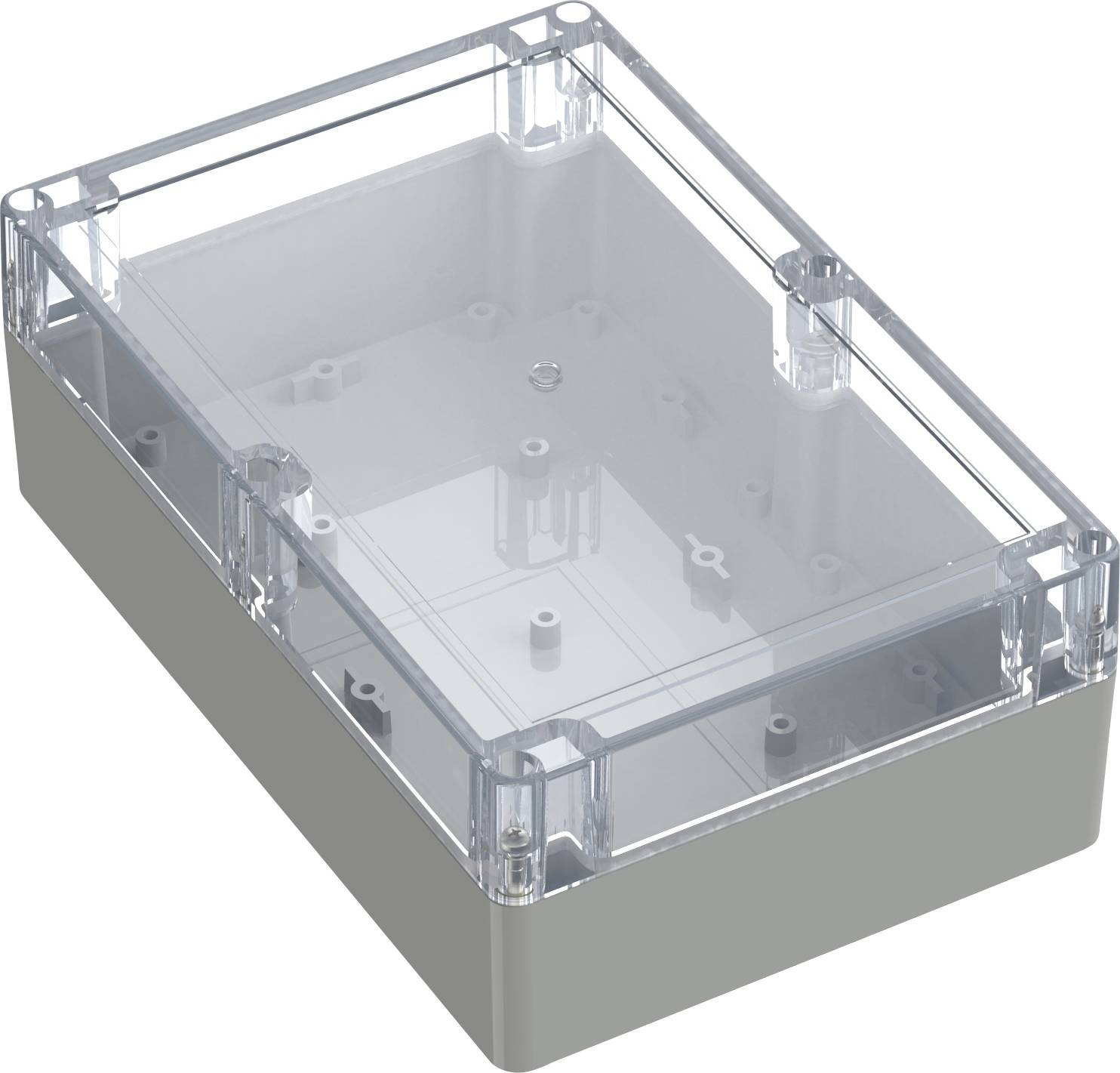 Ein rechteckiges Kunststoffgehäuse mit einem transparenten Deckel, das zum Unterbringen von elektronischen Bauteilen dient und Befestigungspfosten im Inneren aufweist.