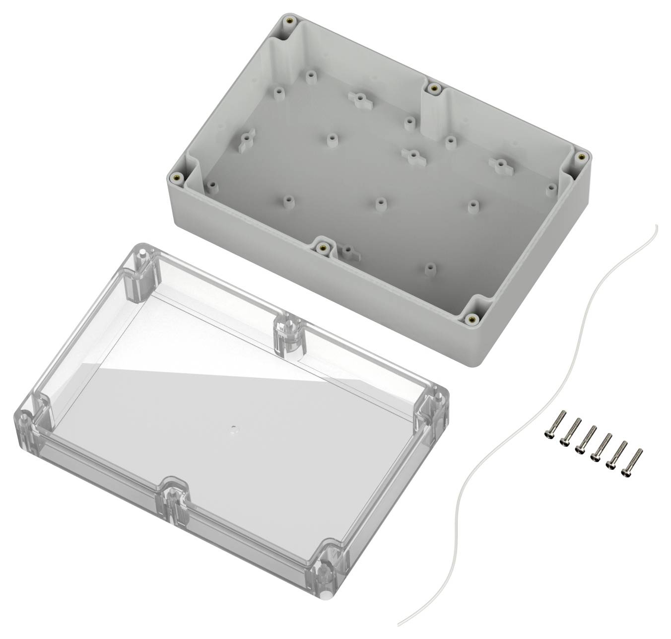 Ein offenes rechteckiges Plastikgehäuse mit transparentem Deckel, Schrauben und einem Kabelausgang, verwendet zur Unterbringung von elektronischen Komponenten.