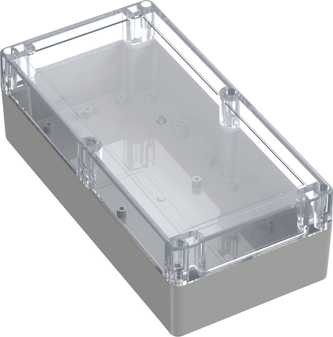 Ein transparenter Kunststoffgehäuse mit einem durchsichtigen Deckel und grauer Basis, verwendet zur Unterbringung von elektronischen Bauteilen, mit Befestigungslöchern versehen.