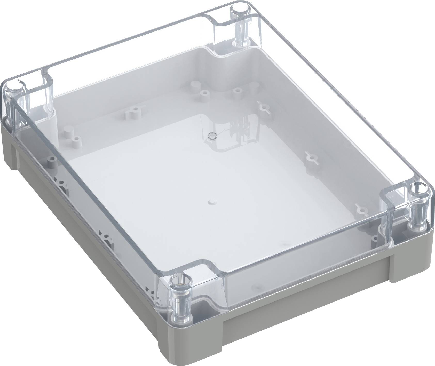 Ein durchsichtiges Plastikgehäuse in rechteckischer Form mit einem Klappdeckel und sicheren Verschlüssen, das typischerweise zur Unterbringung von elektronischen Bauteilen oder Kabeln verwendet wird.