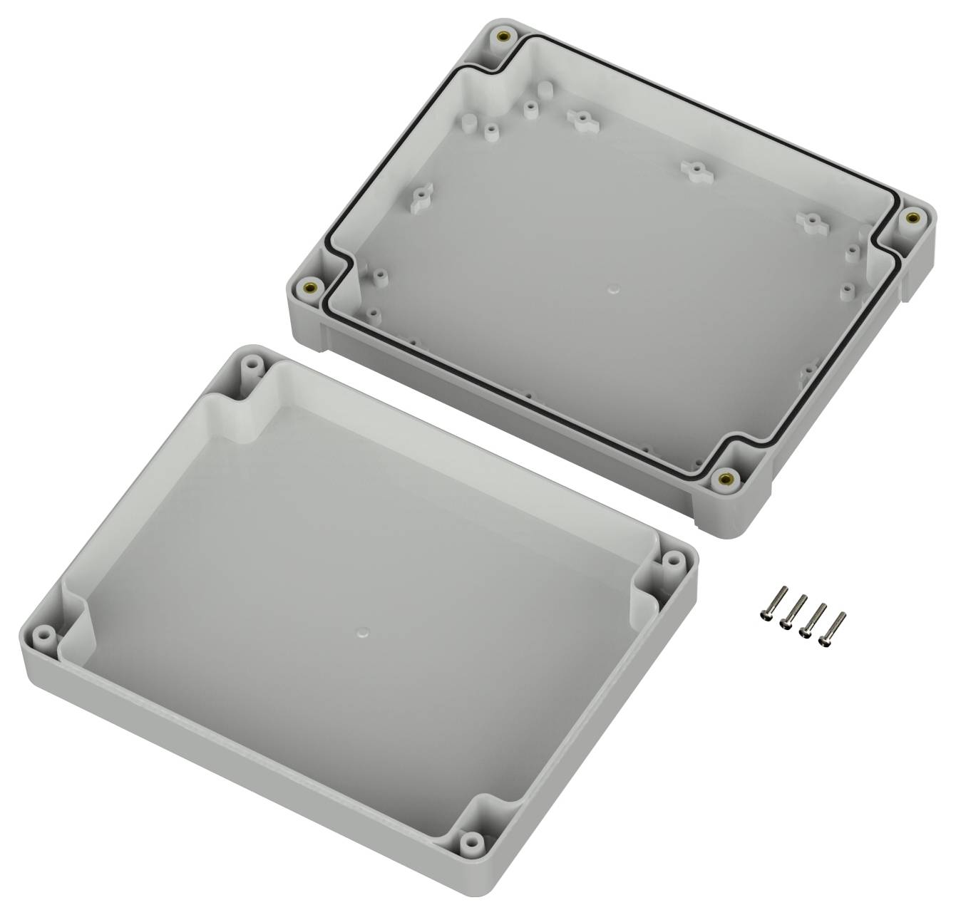 Ein offenes graues elektronisches Gehäuse mit abgenommenem Deckel, das Befestigungspfosten und Schraubenlöcher im Inneren freigibt. Vier Schrauben liegen daneben.