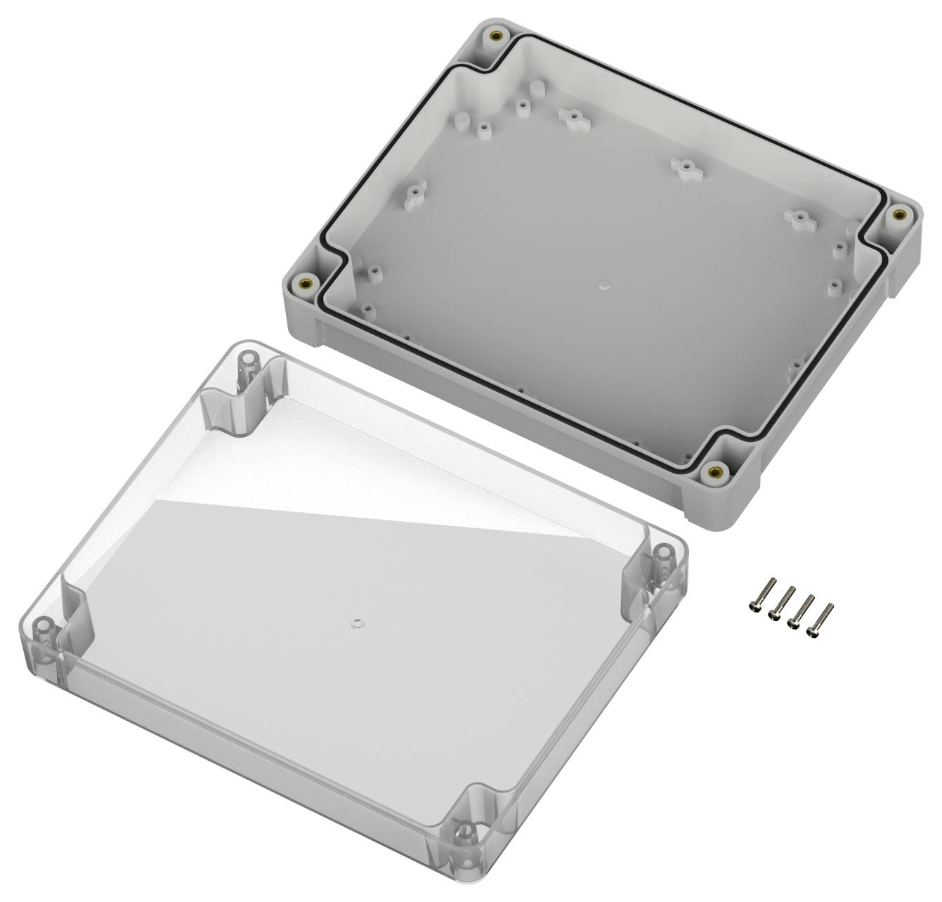 Durchsichtige Kunststoff-Gehäusebox mit abnehmbarem Deckel und vier Schrauben, die daneben positioniert sind und die Baukomponenten präsentieren.