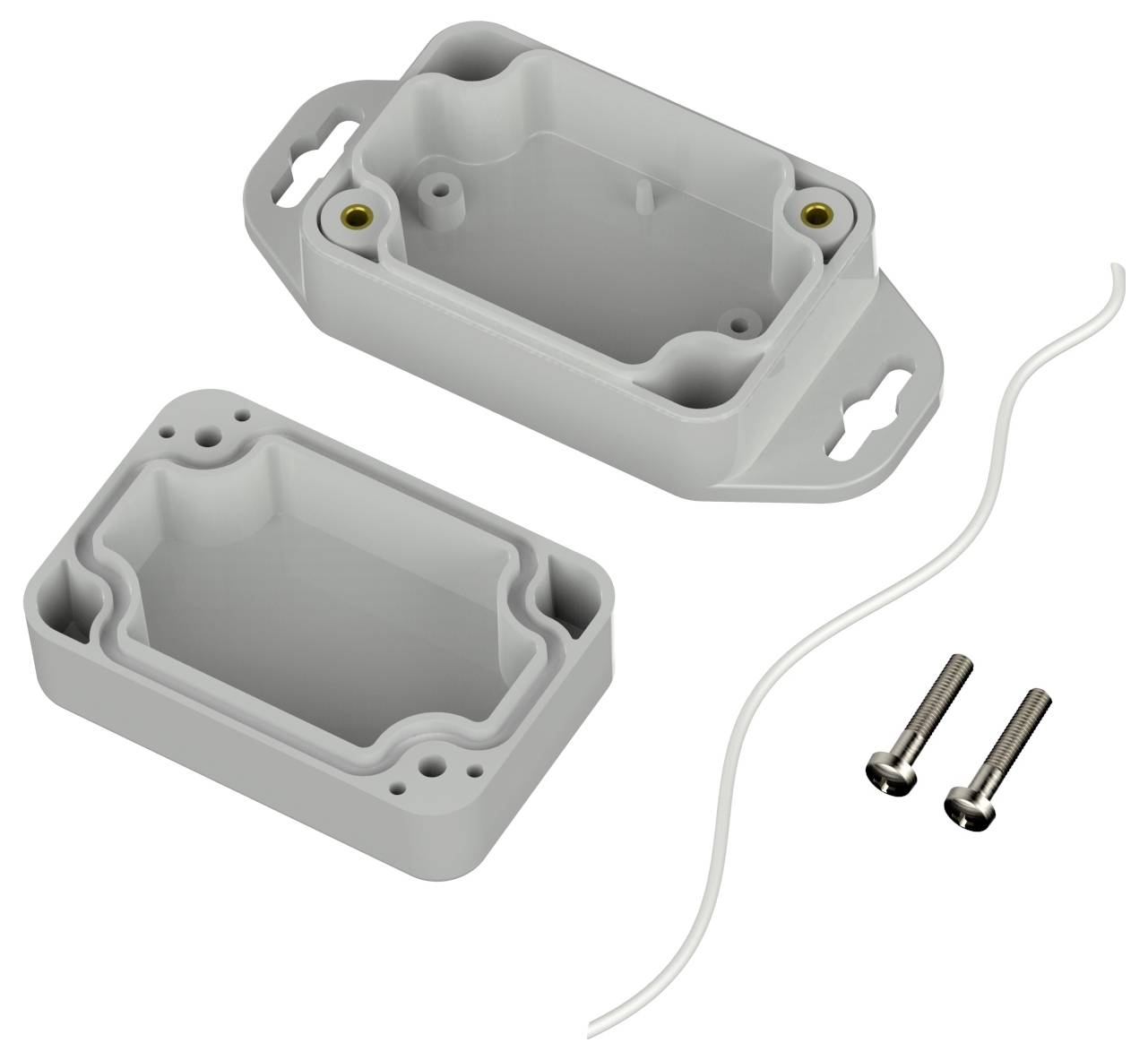 Ein kleines, rechteckiges Kunststoffgehäuse mit zwei Schraubenöffnungen an jedem Ende, offen dargestellt mit einem Deckel daneben, zwei Schrauben und einem weißen Kabel.