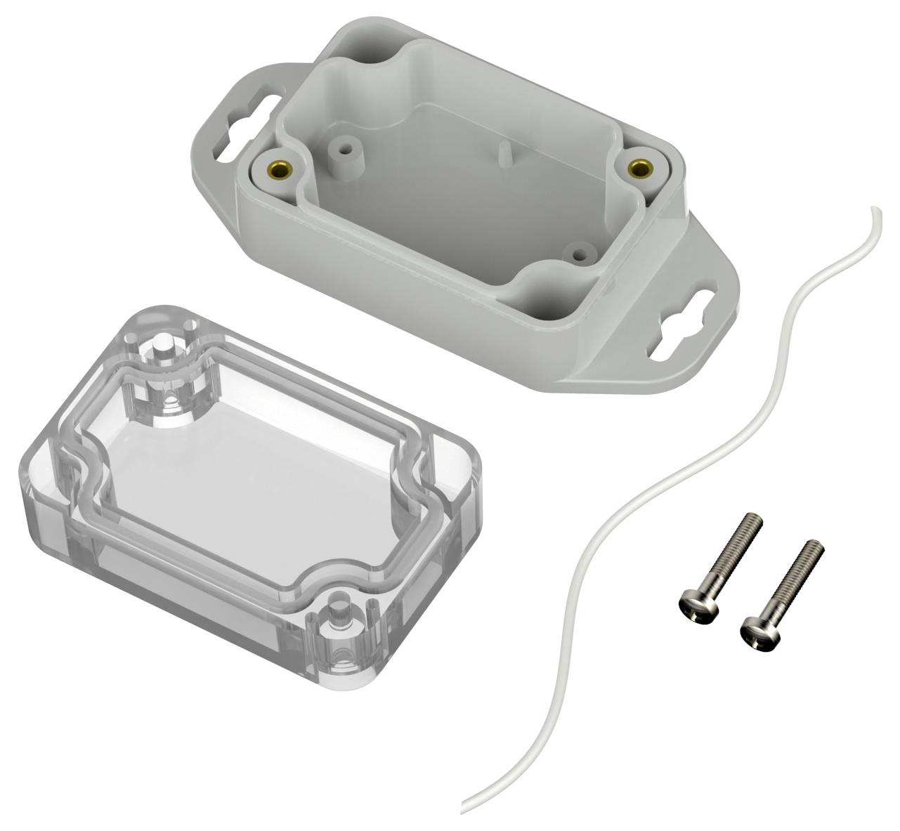Kunststoff-Gehäuse-Set, das eine offene rechteckige Box, einen transparenten Deckel, Schrauben und eine Gummidichtungsschnur zeigt.
