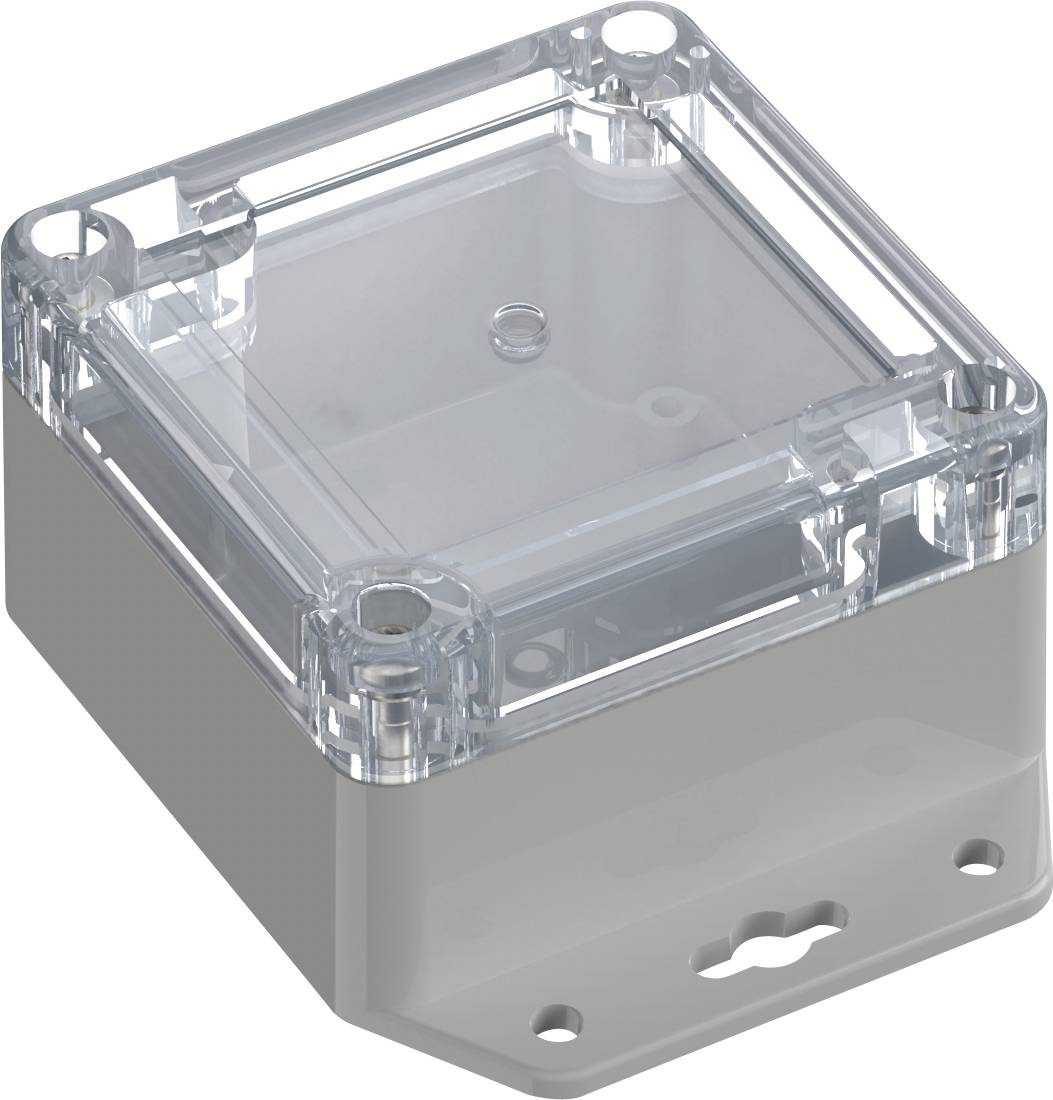 Eine durchsichtige Kunststoffumhüllung mit einem transparenten Deckel, entwickelt zum Schutz von elektronischen Komponenten, aus einer Draufsicht im schrägen Winkel dargestellt.