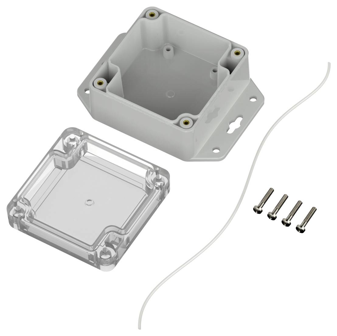 Eine transparente Kunststoff-Gehäusebox mit abnehmbarem Deckel, vier Schrauben und einer Dichtschnur, die zum Schutz elektronischer Komponenten verwendet wird.