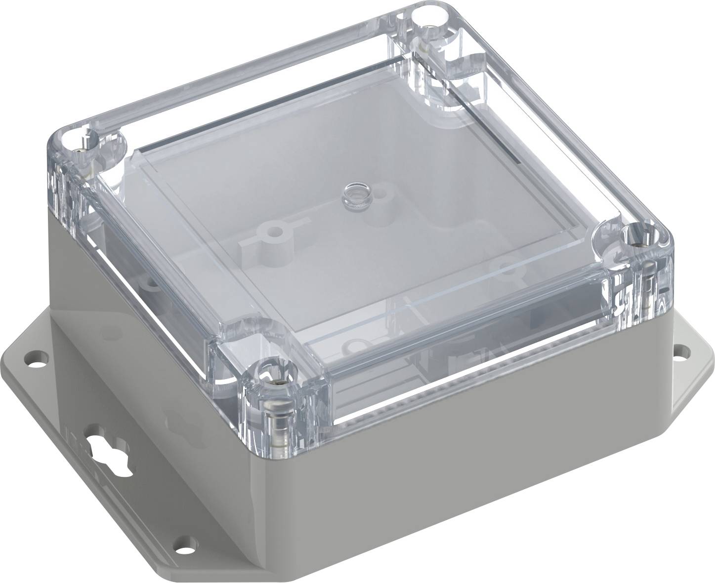 Ein transparentes Kunststoffgehäuse mit robuster, quadratischer Konstruktion, oben offen. Verwendet zum Schutz von elektronischen Komponenten oder Schaltkreisen.