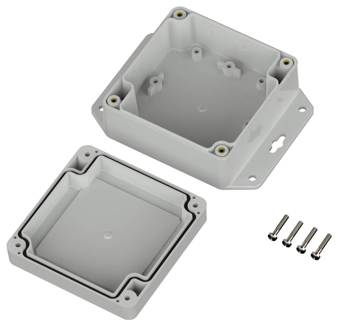 Ein grauer, quadratischer, Kunststoff-Elektronikgehäuse mit abnehmbarem Deckel und vier Schrauben, konzipiert zum Schutz von elektronischen Bauteilen.