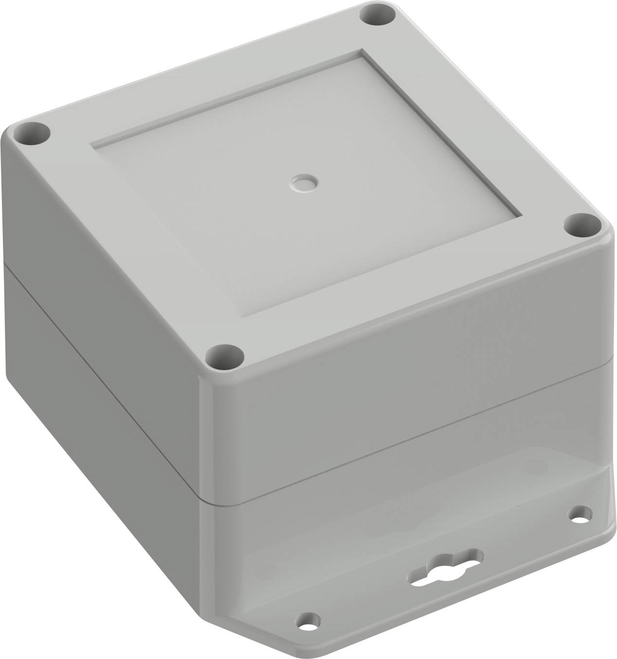 Ein graues Kunststoffgehäuse mit quadratischer Form, versehen mit einem abnehmbaren Deckel und vorgebohrten Befestigungslöchern an jeder Ecke, konzipiert für die Unterbringung von elektronischen Bauteilen.