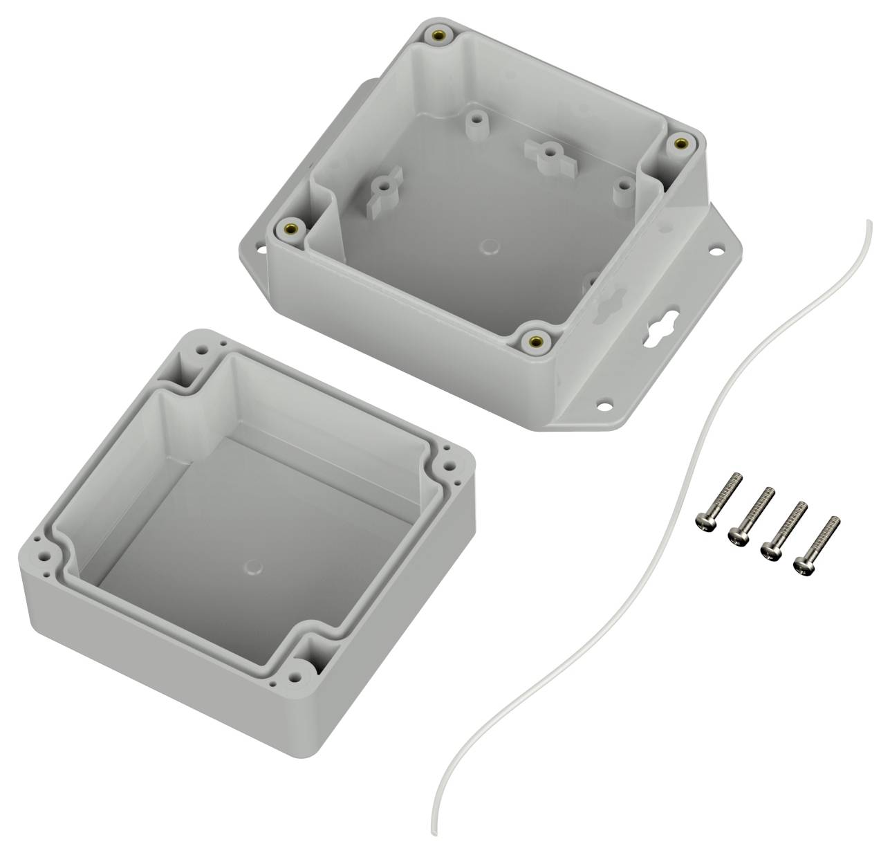 Ein offenes graues Plastikgehäuse mit Boden und Deckel, vier Schrauben und einer Dichtungsmanschette. Geeignet für die Unterbringung elektronischer Bauteile.