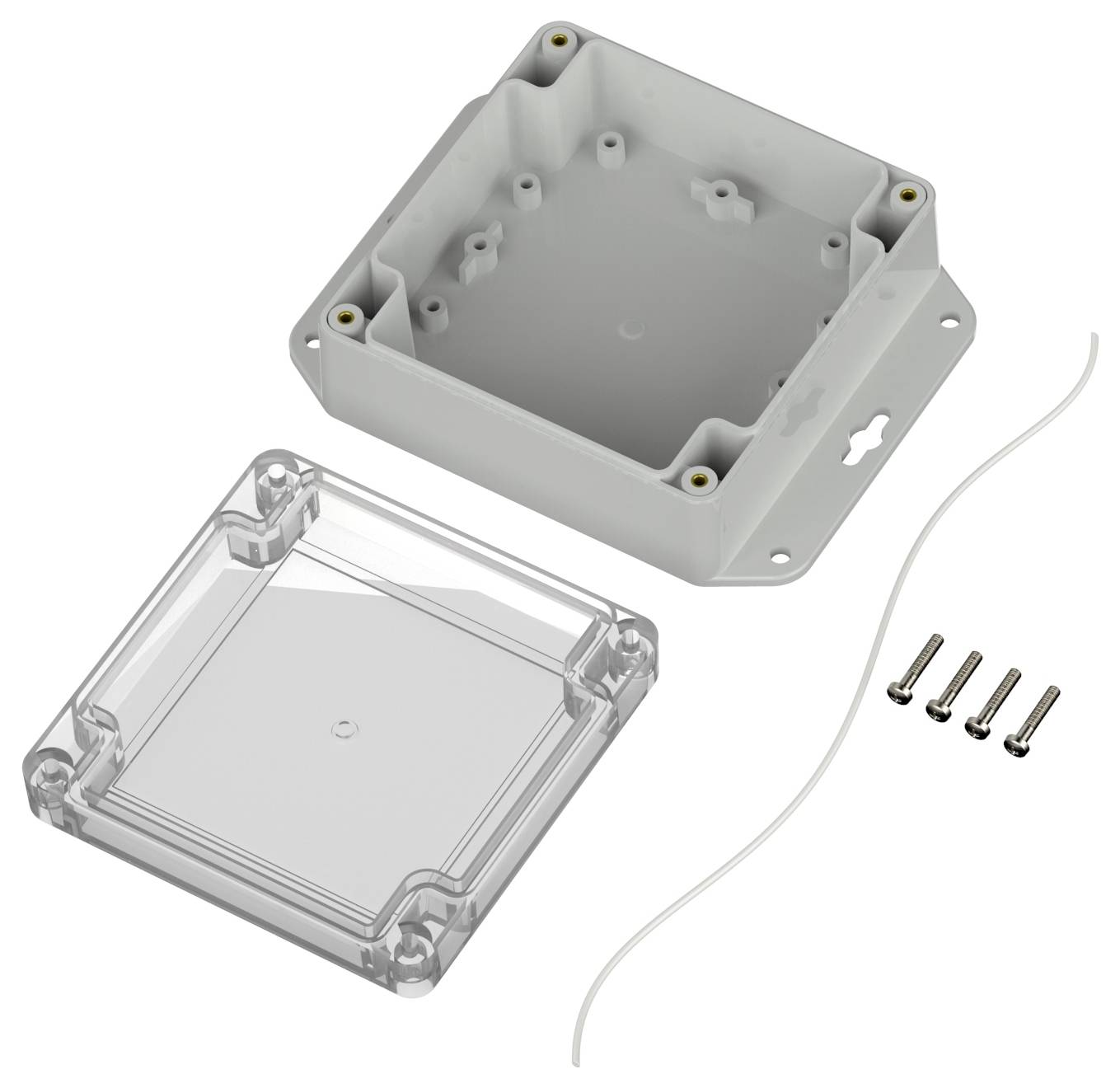 Eine geöffnete elektronische Gehäuse, die eine graue Basis und einen durchsichtigen Deckel zeigt, mit vier Schrauben und einer Dichtungsmanschette seitlich.