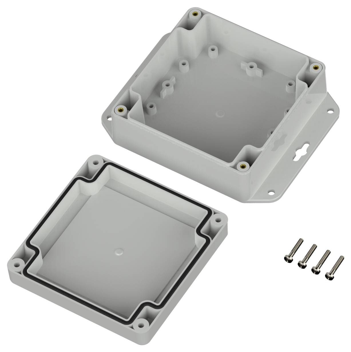 Ein grauer rechteckiger Kunststoff-Elektronikgehäuse mit einem abgenommenen Deckel und vier Schrauben.