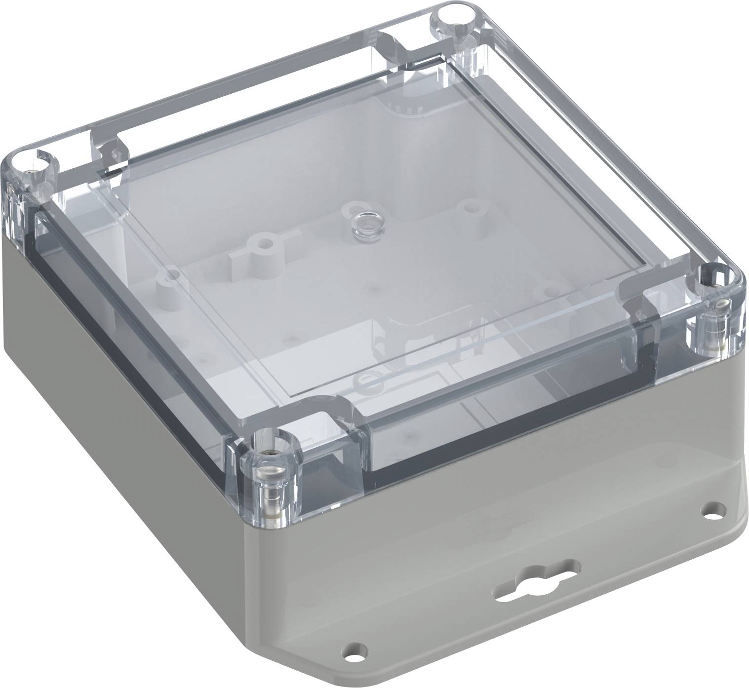 Eine transparente Kunststoffgehäuse mit einem durchsichtigen Deckel und grauer Basis, häufig verwendet zur Aufnahme von elektronischen Bauteilen oder Verkabelung.