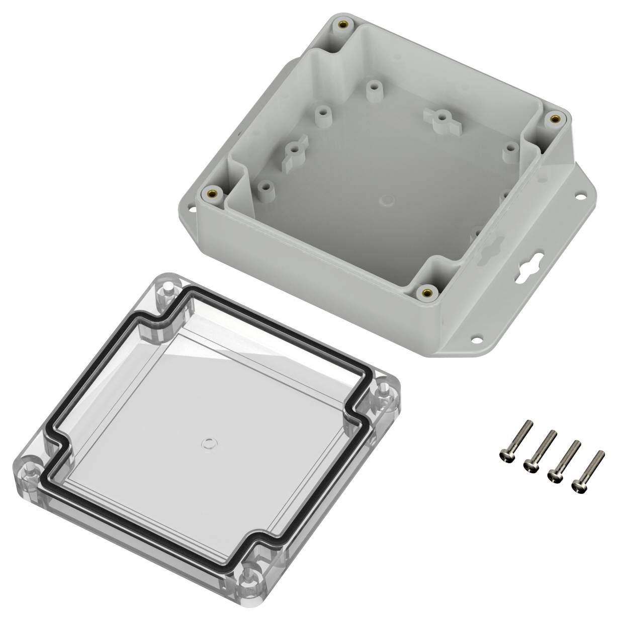 Eine offene graue Elektro-Verteilerbox mit durchsichtigem Deckel und vier Schrauben, bereit zur Montage.