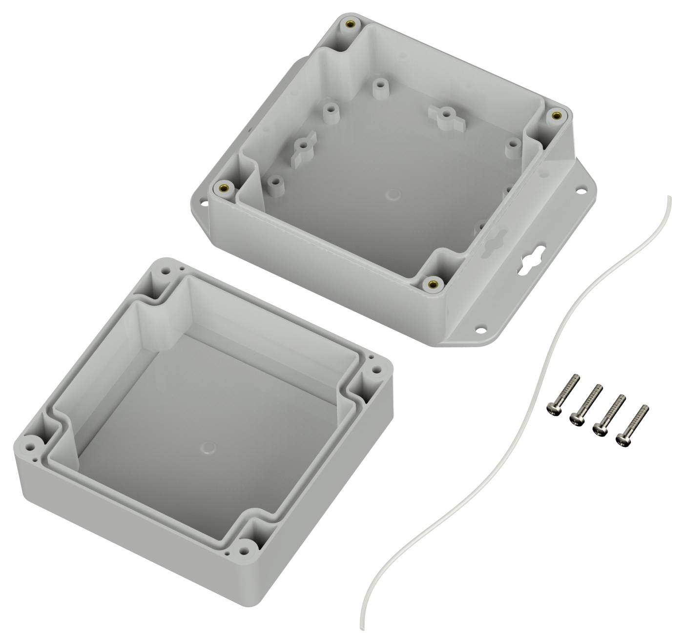 Offene Kunststoff-Elektro-Verteilerdose mit Deckel, vier Schrauben und einem Dichtungsring.