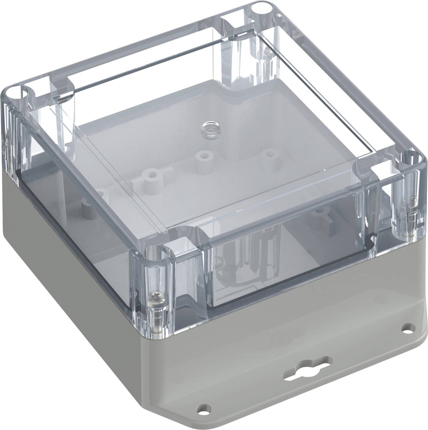Eine quadratische, transparente Elektro-Verteilerdose mit Befestigungslöchern, die zum Schutz und zur Unterbringung elektrischer Verbindungen entwickelt wurde.