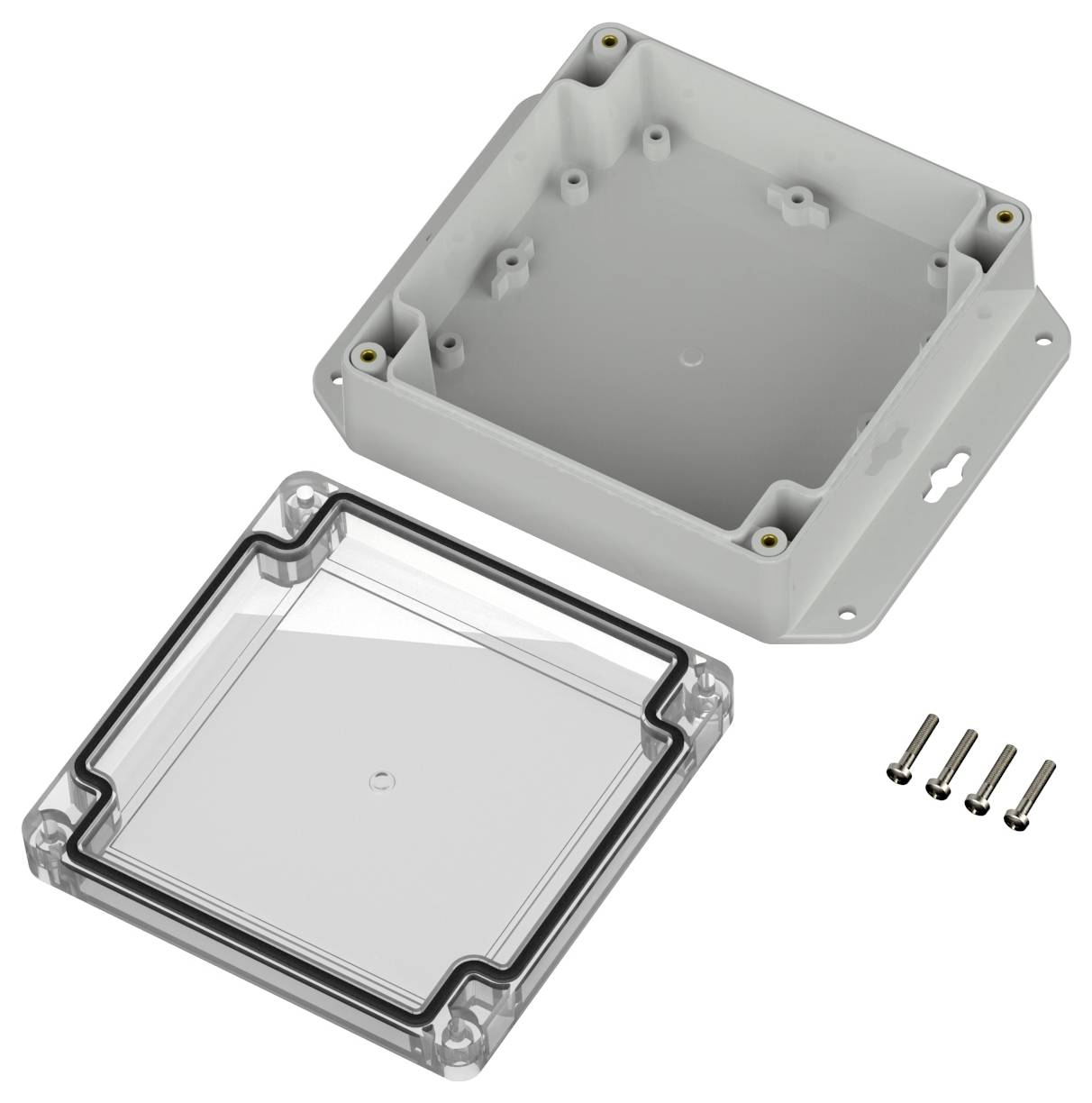 Eine offene graue elektrische Verteilerdose mit einem durchsichtigen Deckel und vier Schrauben, die daneben liegen.