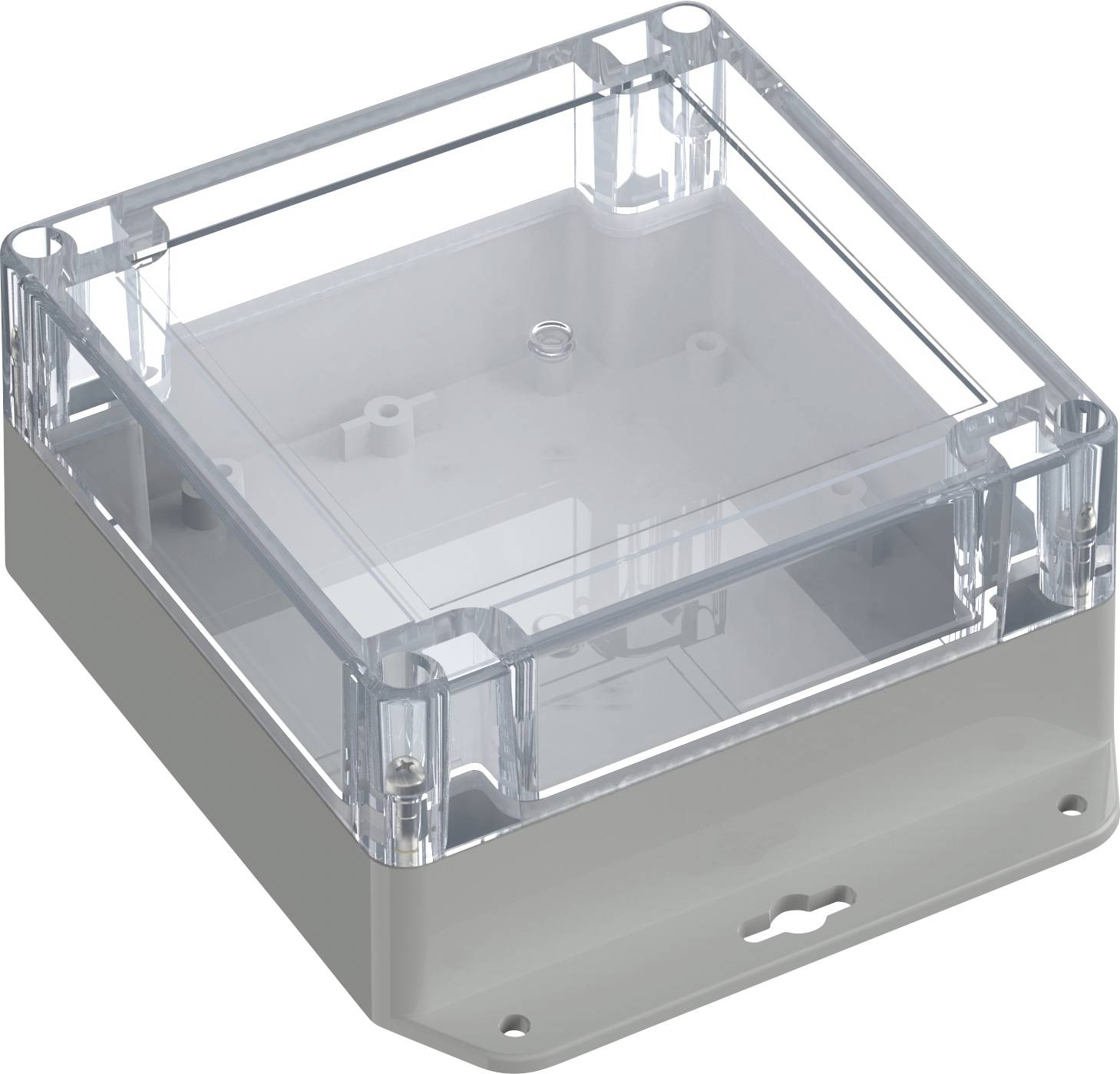 Eine transparente rechteckige Kunststoffgehäuse mit einer grauen Basis, entwickelt zur Aufnahme elektronischer Bauteile, mit Schraublöchern zur Befestigung.