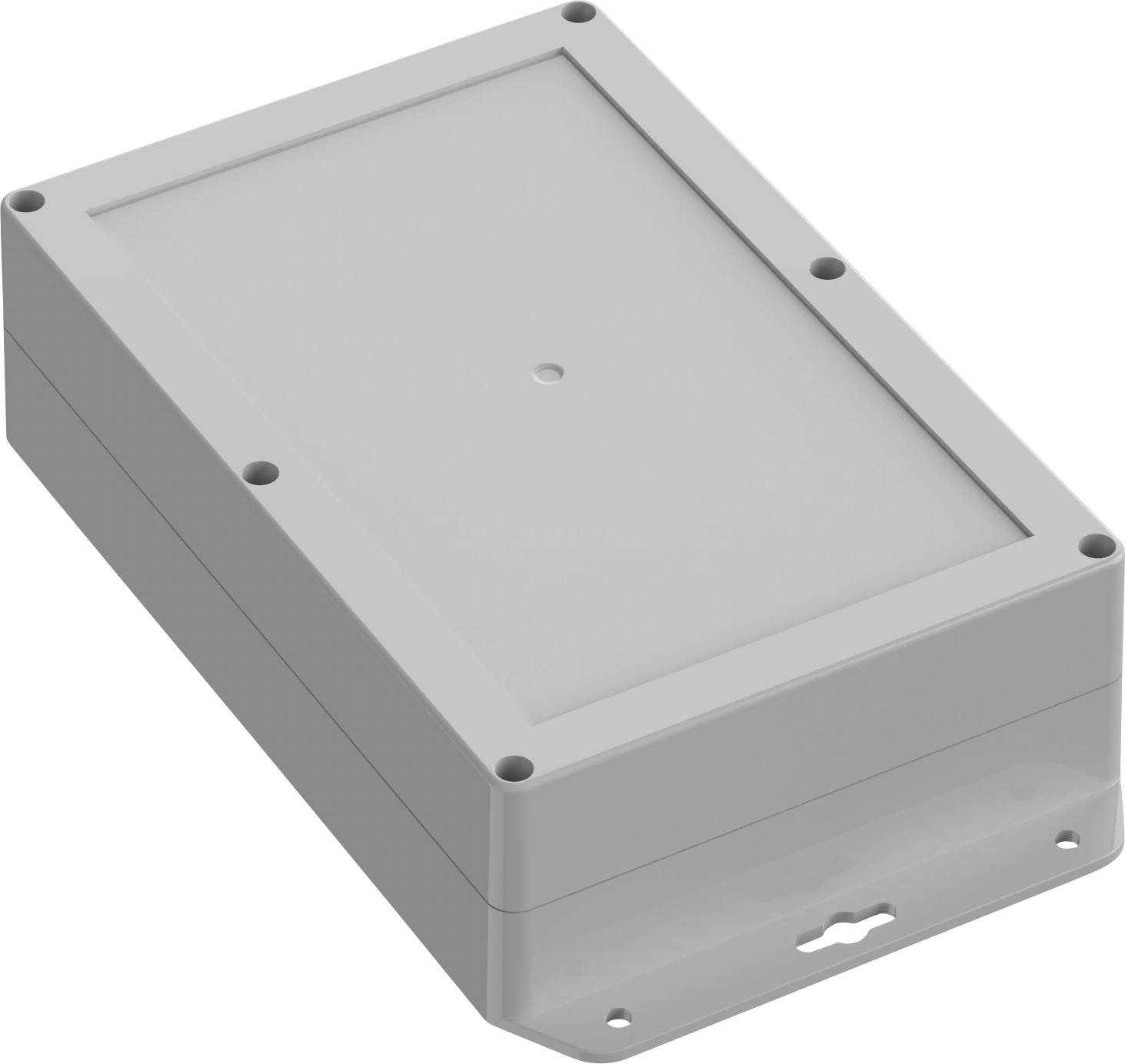 Eine graue Kunststoffgehäusebox mit rechteckige Form, die mehrere Schraublöcher und eine Wandmontagehalterung am unteren Ende aufweist.