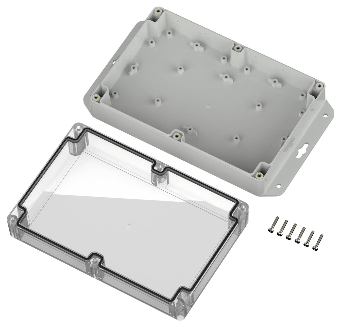Ein rechteckiges Plastikgehäuse mit einem abnehmbaren transparenten Deckel und sechs Schrauben, das zum Schutz von elektronischen Komponenten dient.