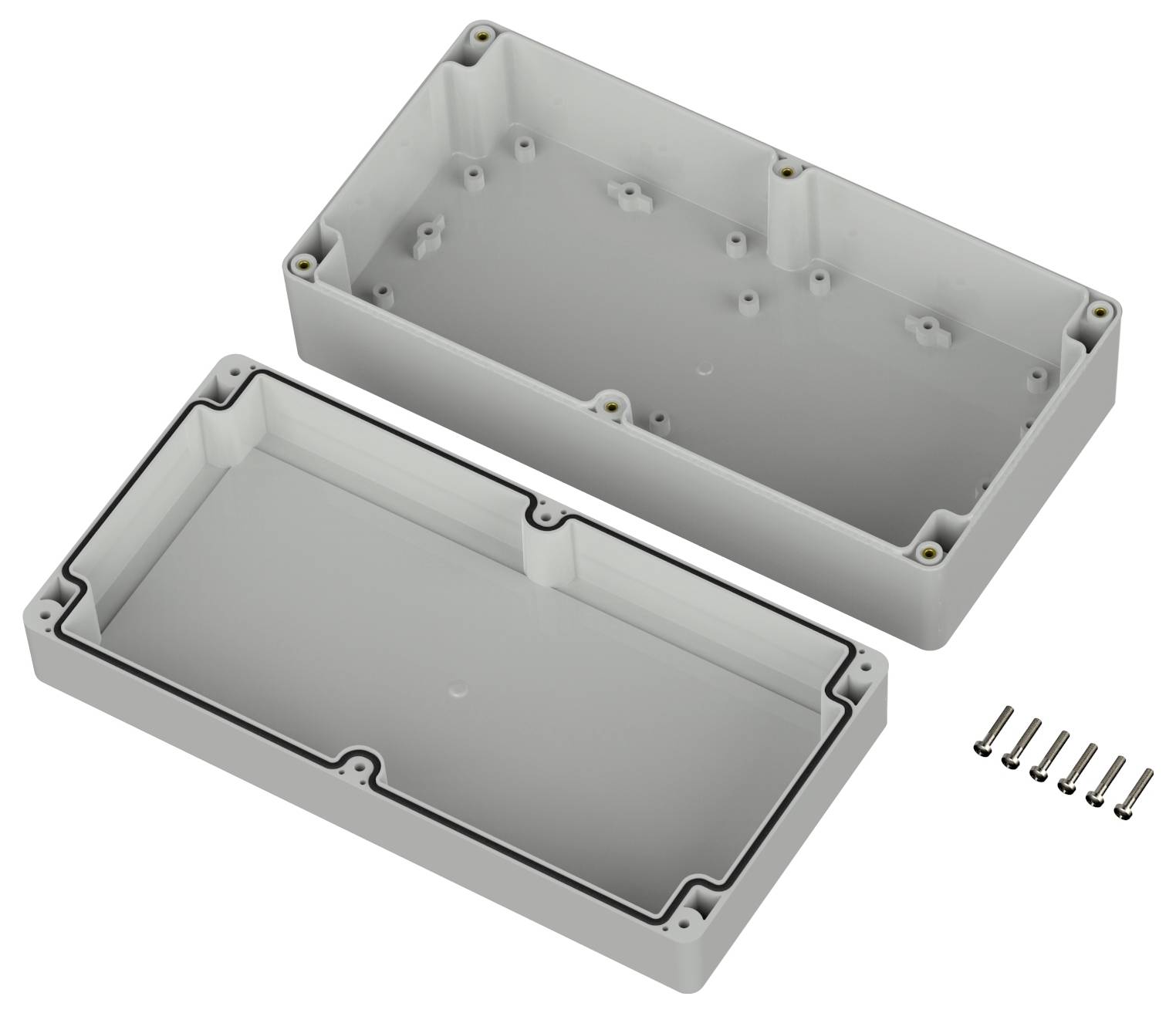 Eine rechteckige Kunststoffgehäuse in zwei Teilen liegt geöffnet neben sechs kleinen Metallschrauben.